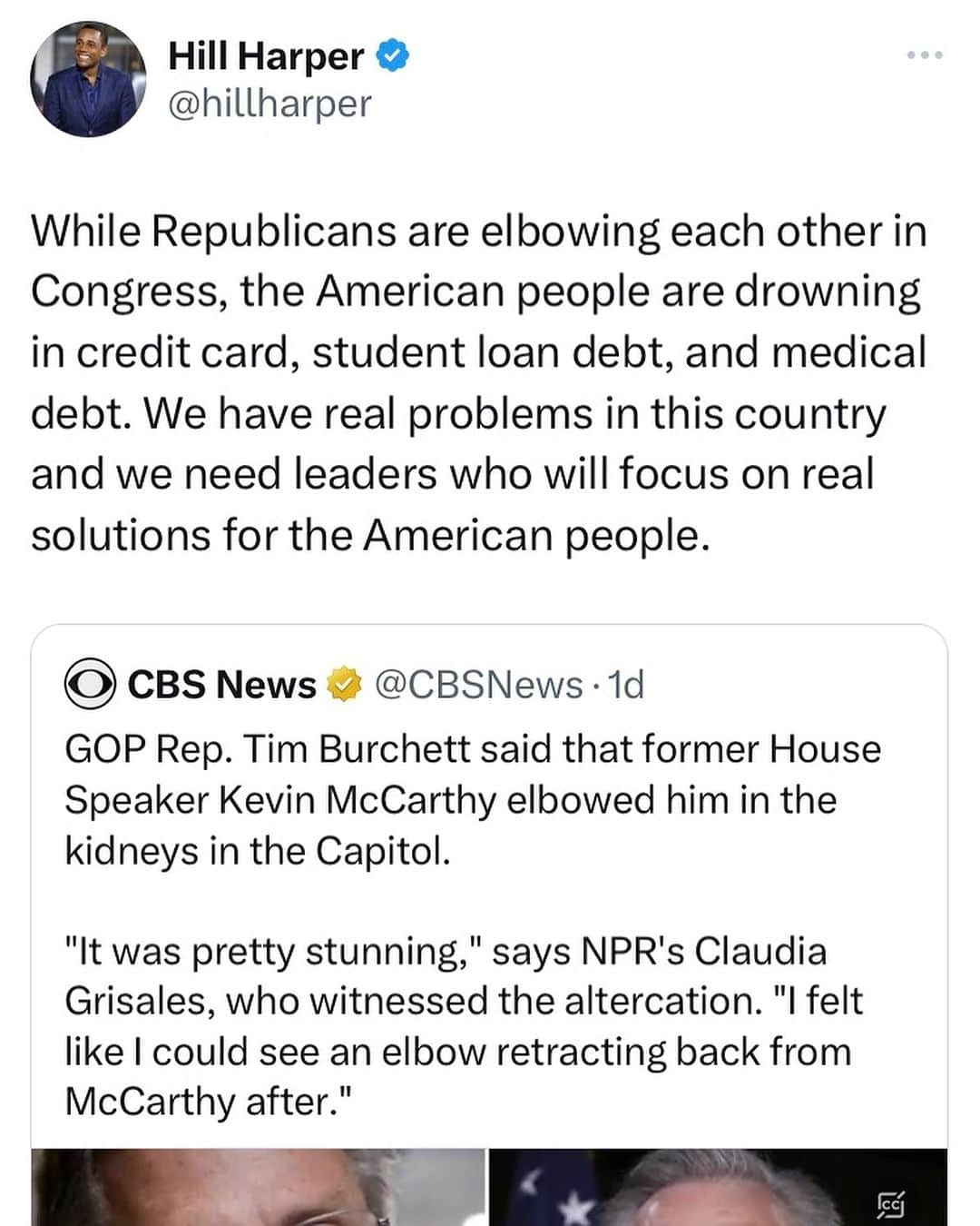 ヒル・ハーパーのインスタグラム：「While Republicans are elbowing each other in Congress, the American people  are drowning in credit card debt, student loan debt, and medical debt. We have real problems in this country and we need leaders who will focus on real solutions for the American people.」