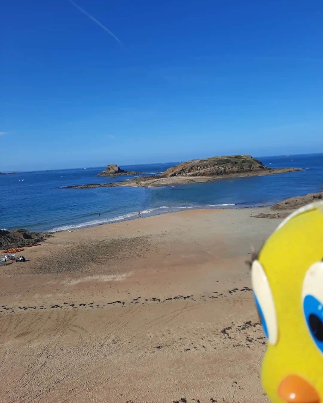 Little Yellow Birdのインスタグラム：「It's only november, but already missing the sun! (Saint-Malo, France, 2022) #littleyellowbird #tweety #tweetykweelapis #adventures #yellow #bird #tbt #memories #iwantsummer #saintmalo #france #atlanticocean #bluesky #bluewater #stuffedanimalsofinstagram #plushiesofinstagram」