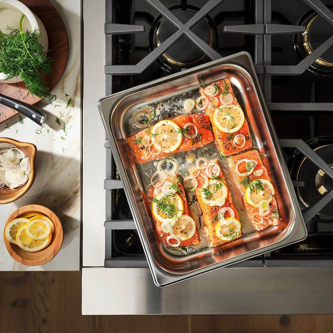 Design Milkのインスタグラム：「From a built-in griddle to the Steam-Combi oven to accommodating a wok, @sksappliance’s 48-inch Dual-Fuel Pro Range with Six Burners and Griddle will make your professional culinary dreams come true – in your own kitchen! Intuitive Smart Knobs™ display heat level, temperature + cooking time so you won’t get off track. Each cooking method is controlled by a Smart Knob™ with large, easy-to-read, illuminated numbers + a Wi-Fi timer you can monitor using the ThinQ app. It’s the appliance you want if you’re ready to take your recipes to the next level. \\\ 🔗 Read more about the 48-inch Dual-Fuel Pro Range with Six Burners and Griddle at the link in bio! #signaturekitchensuite #kitchenappliances #kitchendesign」