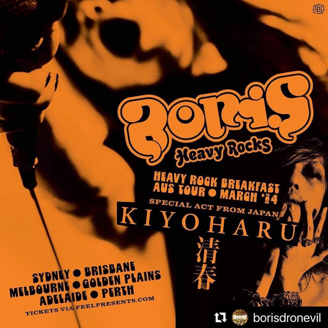 清春のインスタグラム：「#Repost @borisdronevil with @use.repost ・・・ 【New Tour Announced】  Hey Australia! We’ll be back next year with KIYOHARU @kiyoharu_official . Looking forward to it. It will be a very special tour.  BORIS “Heavy Rock Breakfast” -extra- AUS Tour 2024  Special Act with “KIYOHARU 清春”  Wed 6th March  Sydney at Manning Bar  Thu 7th March Brisbane at Powerhouse / Ωhm Festival  Fri 8th March Melbourne at Corner Hotel  Sat 9th March Meredith at Golden Plains Music Festival  *BORIS only appearance  Sun 10th March  Adelaide at Lion Arts Factory  Tue 12th March Fremantle at Freo. Social  Ticket Linked in Highlight “AUS2024”」