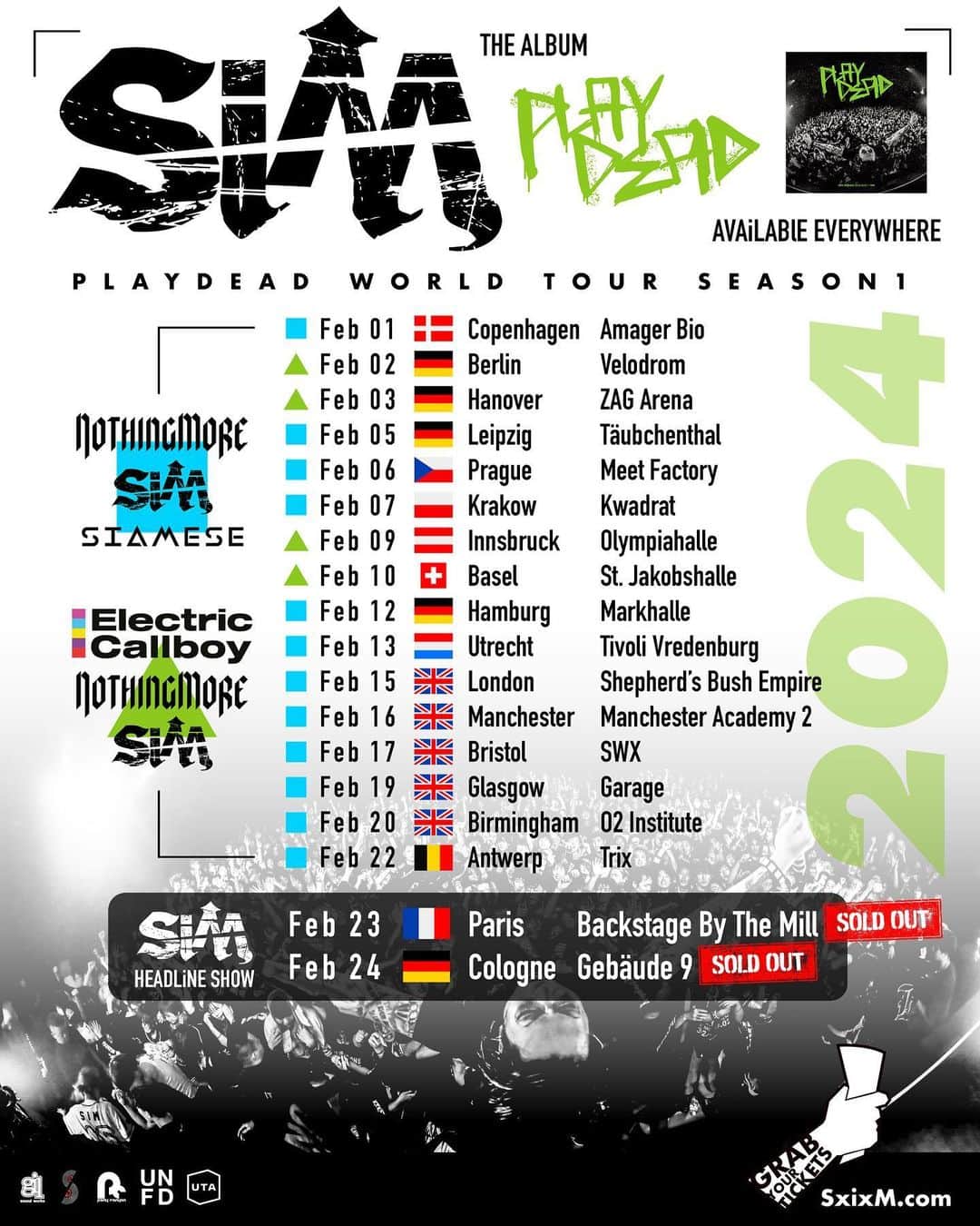 SiMさんのインスタグラム写真 - (SiMInstagram)「Our headline shows in Paris🇫🇷and Cologne🇩🇪 are SOLD OUT! 🤘🤘🤘🤘 Get tickets now for the rest of UK / Europe tour and use code CRUNCHYROLL to get tickets for our North American 🇺🇸🇨🇦 Tour before they are gone!  https://sim.komi.io/ We’ll see you soon!  フランスとドイツの2都市にて開催のSiMヘッドライン公演が完売！   @crunchyroll  @electriccallboy  @nothingmoremusic  @siamese_band  @fameonfire  @withindestructiondm   #SiM #SiM6th #PLAYDEAD  #SiMUSTOUR #SiMEUUKTOUR」11月17日 0時00分 - sim_japan