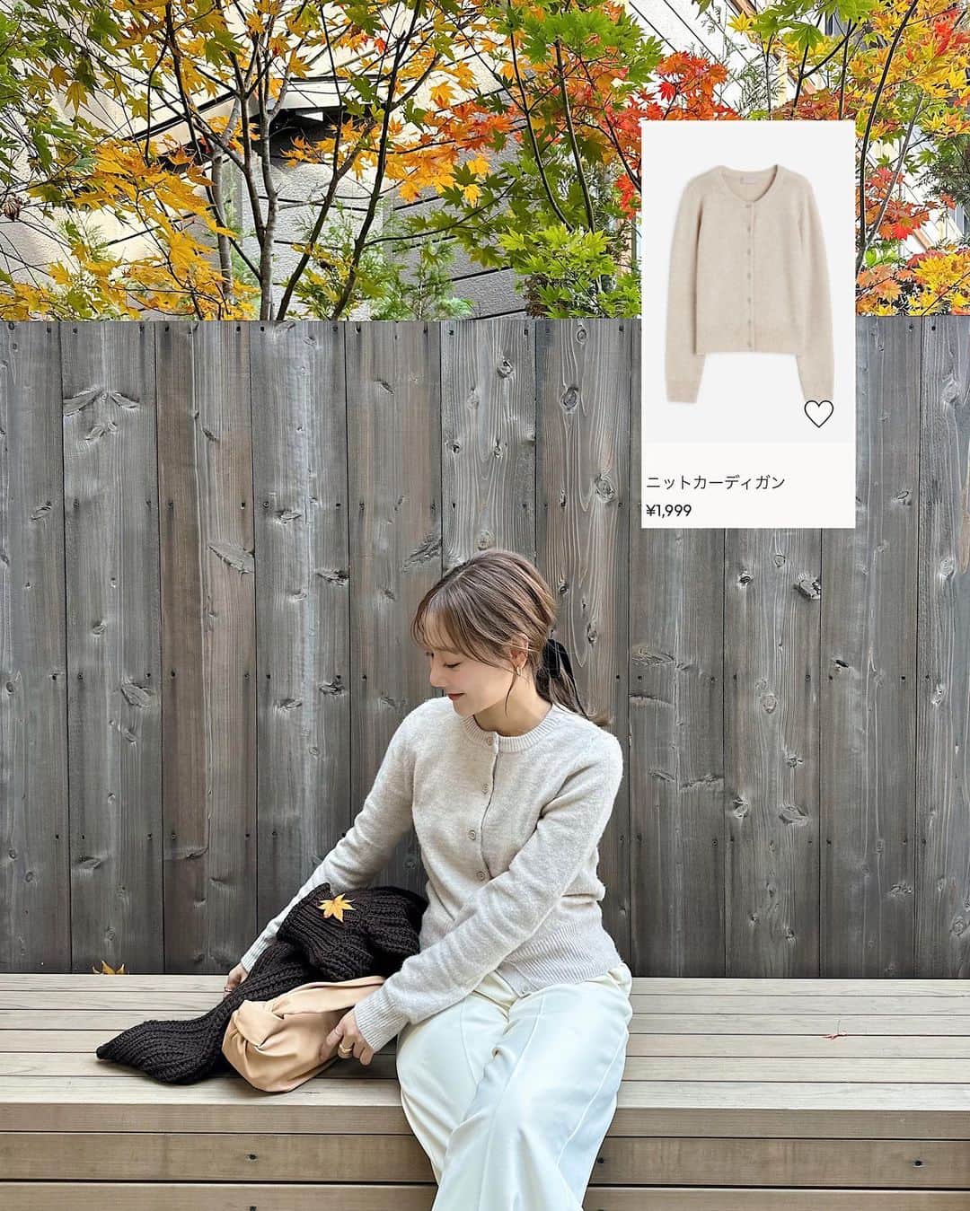 小川陽香さんのインスタグラム写真 - (小川陽香Instagram)「🧶🍁🍂🤎 ㅤ ㅤㅤちょっと紅葉 🤏🏻 ㅤ カーディガンは @hm でめっちゃお安くGETしたやつ🪡 色はライトベージュです♡（3枚目に詳細載せてます🧾）  ㅤ #私服 #紅葉 #秋服コーデ #私服コーデ #イエベ春 #骨格ウェーブ  #ベロアリボン #ヘアアレンジ #ロングヘアー  ㅤ」11月16日 23時54分 - _haruka824