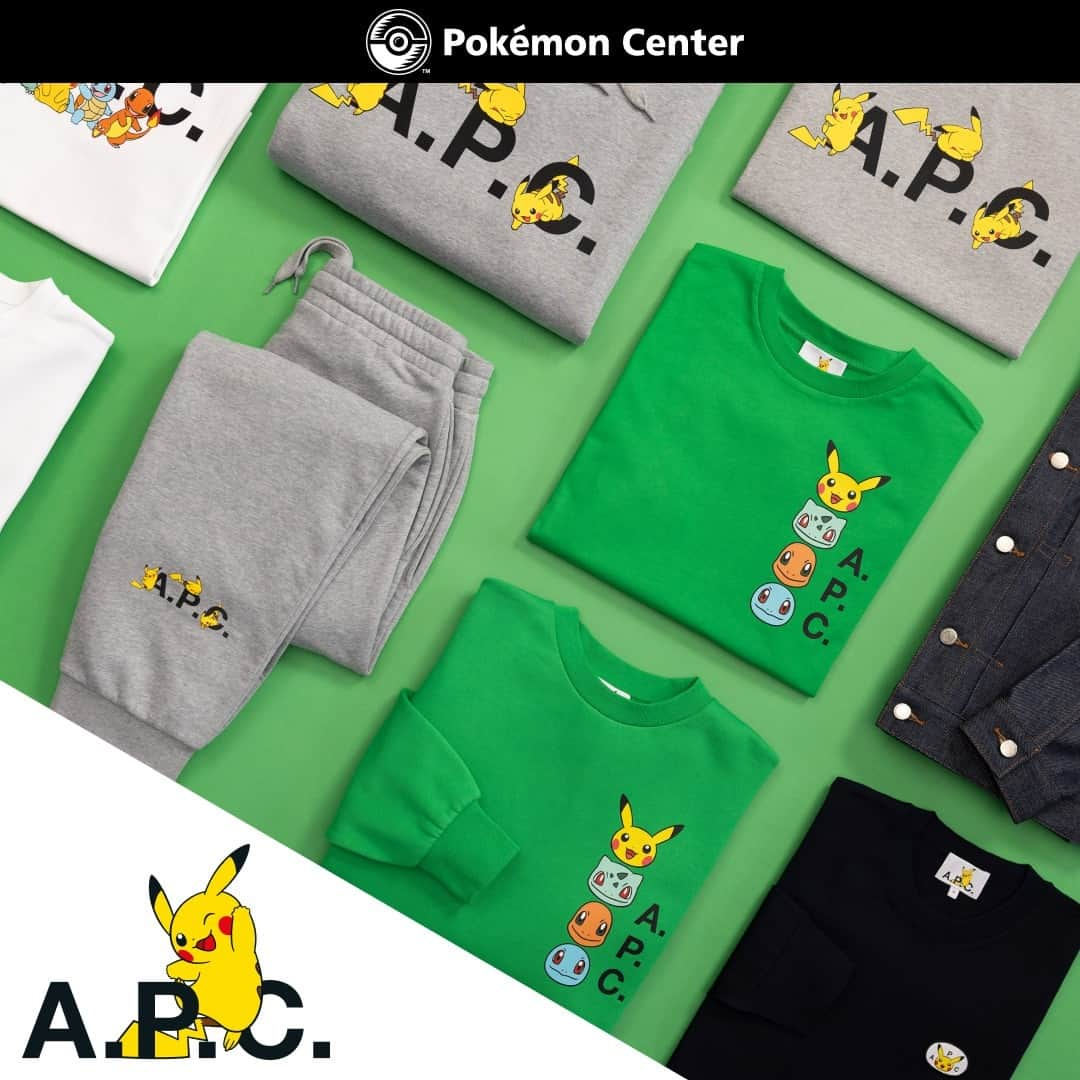 Pokémonのインスタグラム：「Iconic fashion collaboration alert! 🤩  The Pokémon x A.P.C. capsule collection has landed on Pokémon Center and includes apparel and accessories adorned with the adorable faces of Pikachu, Bulbasaur, Charmander and Squirtle.  Shop the collection at link in bio.」