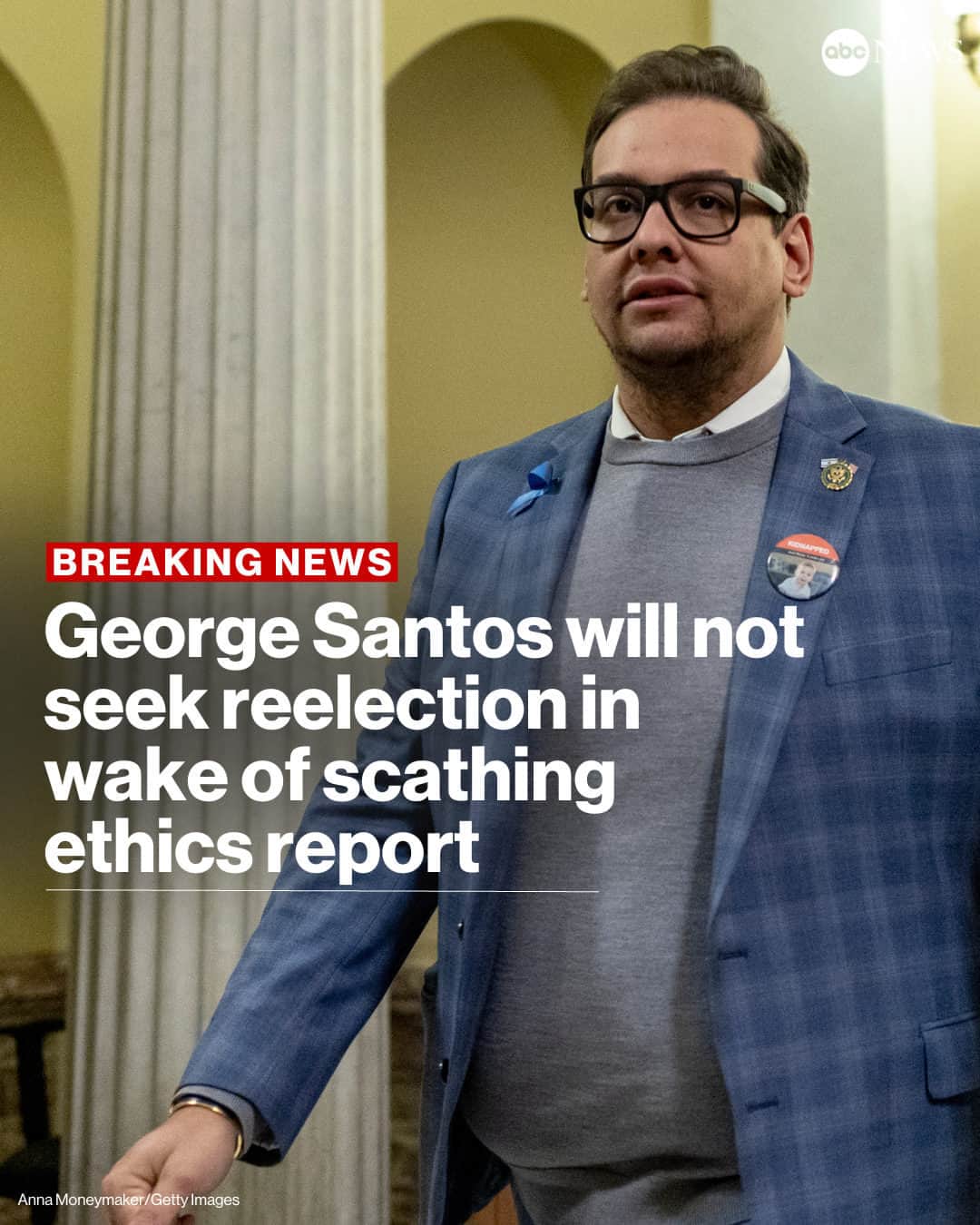 ABC Newsのインスタグラム：「BREAKING: Rep. George Santos says he will not seek reelection after the House Ethics Committee issued a scathing report following its monthslong investigation into the New York Republican's actions that have led to nearly two-dozen pending felony charges and repeated efforts to expel him from the House of Representatives. Tap link in bio for more.」