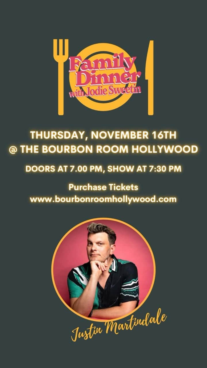 ジョディ・スウィーティンのインスタグラム：「Tonight’s the night! Family Dinner starts at @ 7:30 pm sharp so don’t be late! We’ll be at the @bourbonroomhollywood to share a meal with comedian and host of the of the Just Sayin’ podcast, @justinmartindale.   Justin is cooking up something real good to share with us at Family Dinner where’ll be serving up laughs and more! You can get tickets right now at bourbonroomhollywood.com or the link in our bio!  #familydinner #familydinnerwithjodiesweetin」