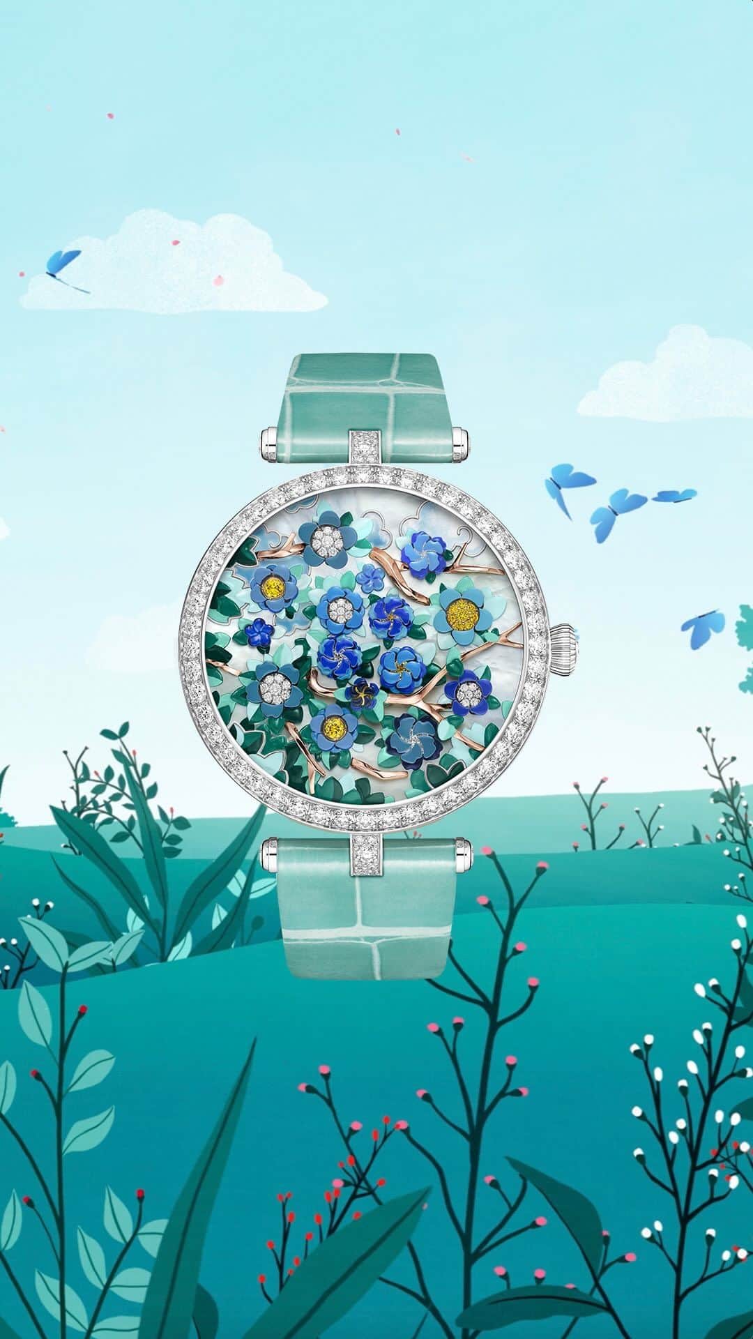ヴァンクリーフ&アーペルのインスタグラム：「Follow the butterflies and enter the poetic garden designed by @yasminegateau . The blooming flowers tick off the hours on the Lady Arpels Heures Florales watch.   #VCAHeuresFlorales #VCAPoeticComplications #VCAwatch #VanCleefArpels」