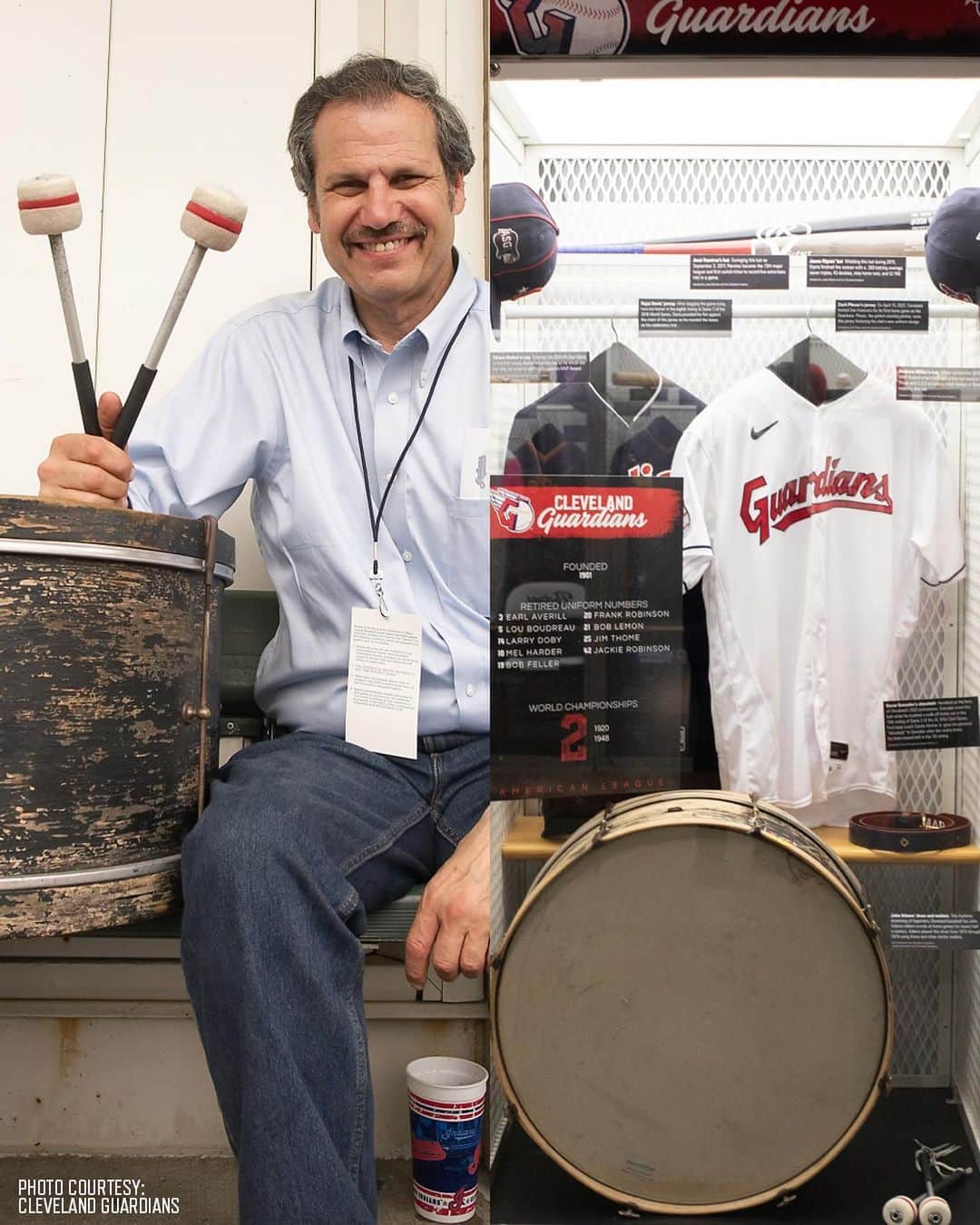 クリーブランド・インディアンスのインスタグラム：「John Adams was the heartbeat of Cleveland baseball for five decades, drumming at more than 3,700 @cleguardians games.  We're proud to display Adams' bass drum and honor his memory in Cooperstown.」