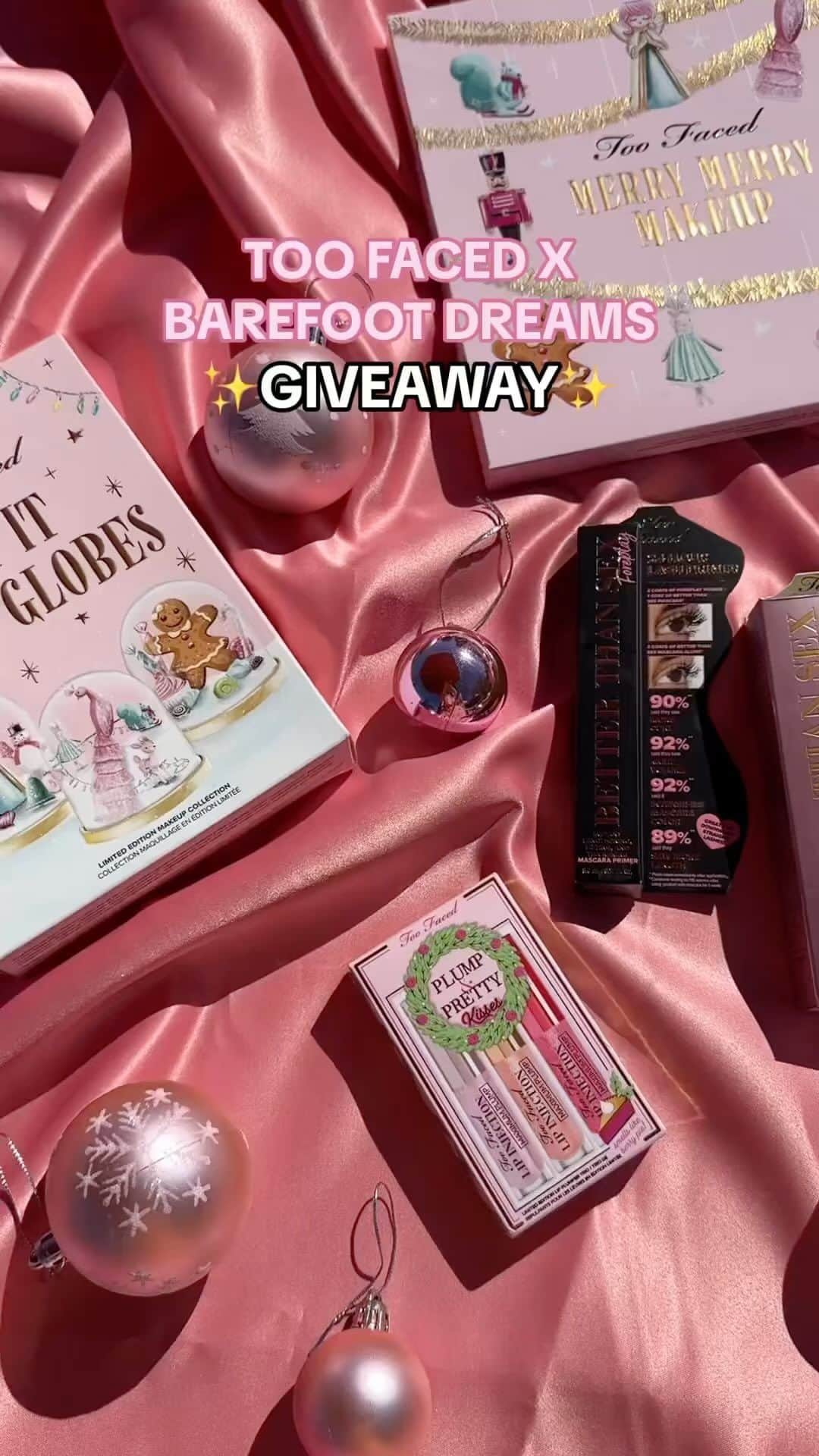 Too Facedのインスタグラム：「🎄💖 GIVEAWAY 💖🎄 We’re so excited to partner with @barefootdreams to give 2 lucky babes the ultimate holiday prize pack!   Prize Pack Includes: @toofaced Let It Snow Globes Makeup Collection, Better Than Sex Mascara in Black, Better Than Sex Foreplay Mascara Primer, Pillow Balm Warm & Spicy Trio Set, Plump & Pretty Kisses Lip Plumper Set, and Merry Merry Makeup Face & Eye Palette Gift Set and @barefootdreams CozyChic Robe in shade Cream and CozyChic 3 Pair Sock Set in shade Fig Multi!   HOW TO ENTER: ✨ Like & Save This Post ✨ Follow @toofaced and @barefootdreams  ✨ Tag 2 of your besties (they must be following too!) ✨ For additional entries, comment a 💖 on both of our most recent posts!  (US & INT) Giveaway ends 11/19 at 11:59 PM PST & the winners will be chosen on 11/20 via DM by the official @toofaced and @barefootdreams accounts! Terms & Conditions on toofaced.com GOOD LUCK! 💖 #toofaced #tfcrueltyfree」