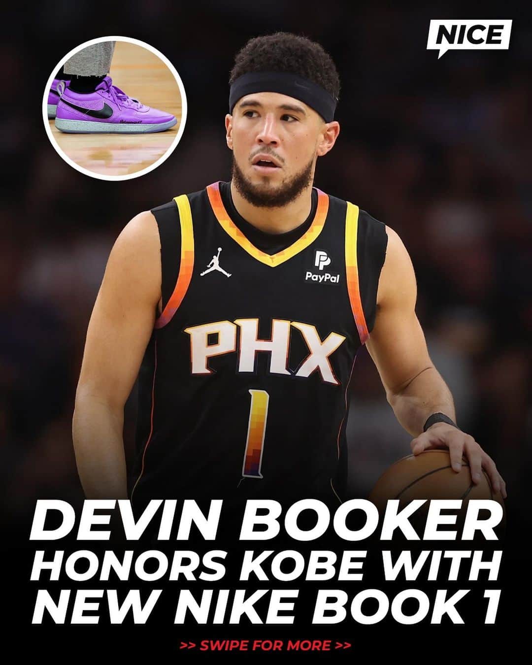 Nice Kicksのインスタグラム：「Devin Booker pays tribute to Kobe Bryant through a new Nike Book 1 🐍💜  This pair draws inspiration from the Nike Kobe 4 PE he wore during the Suns’ 2021 Finals run and incorporates Kobe’s “Be Legendary” message written on his game shoes gifted to Booker after their final matchup in 2016 🔥」