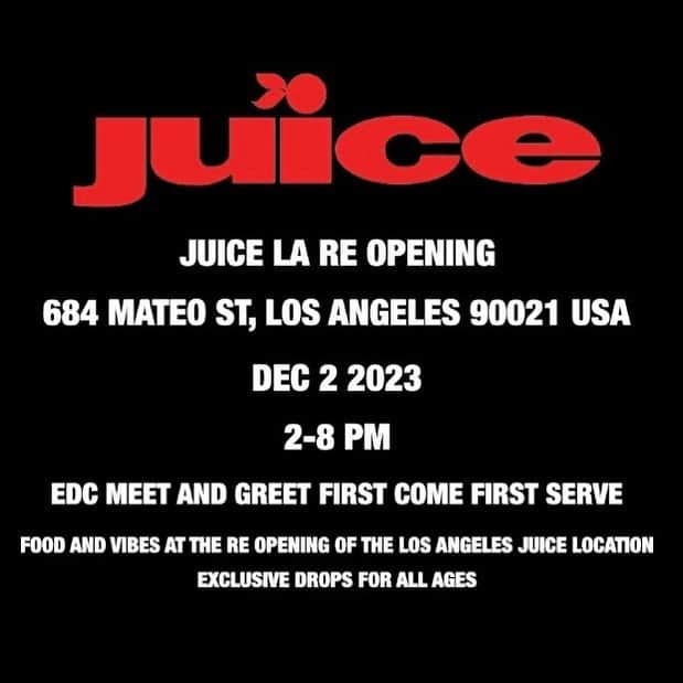 陳冠希のインスタグラム：「Due to unforeseen circumstances, Juice, Los Angeles @juicestoreusa will be reopening December 2, 2023 !!!! BUT THE OPENING WILL NOW FEATURE NOT ONLY SOME LIMITED EDITION GOODS !!!! DRINKS FROM @afuriramen_la AND DIMSUM FROM @la_baobaohouse WILL BE SERVED !!!!! ADDING IN A MEET AND GREET TO SEE YALL LOS ANGELEANS SO 2-8 IMA BE THERE TO CHILL TALK SHIT AND LOUNGE !!!!! SORRY FOR THE DELAY BUT THE ADDED GOODIES SHOULD BE MORE THAN SUFFICE TO PLEASE ALL WHO COME !!!! 😜」