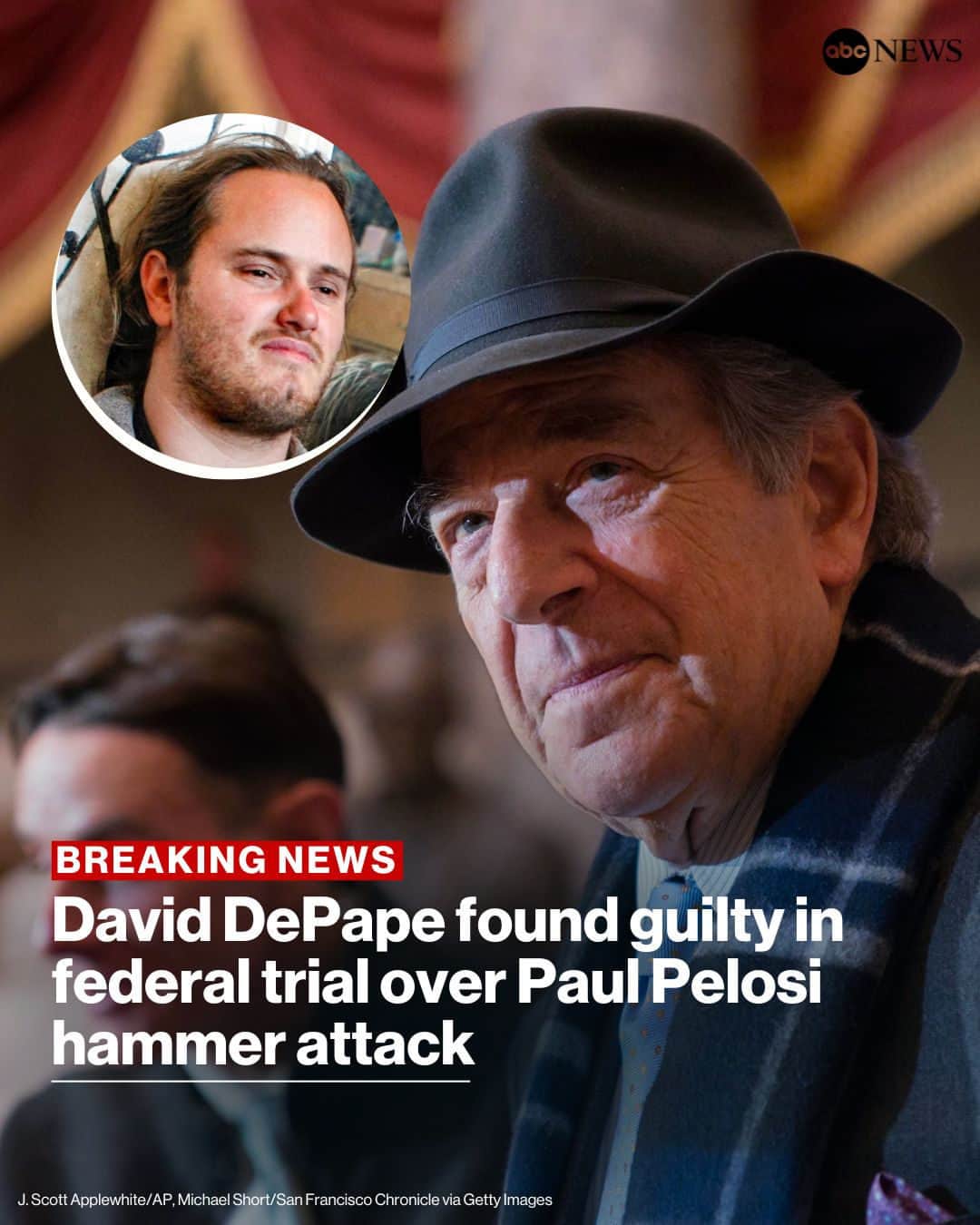 ABC Newsのインスタグラム：「BREAKING: A federal jury has found David DePape, the man accused of attacking former House Speaker Nancy Pelosi's husband with a hammer, guilty on charges of attempted kidnapping and assault. MORE AT LINK IN BIO.」