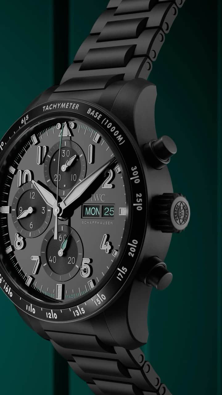 IWCのインスタグラム：「The Pilot’s Watch Performance Chronograph 41 Mercedes-AMG PETRONAS Formula One™ Team (Ref. IW388307) sports a case, case back ring, crown and pushers made of Ceratanium® and features a full Ceratanium® bracelet.  🔗Link in bio  #PerformanceChronograph I #TheReference」