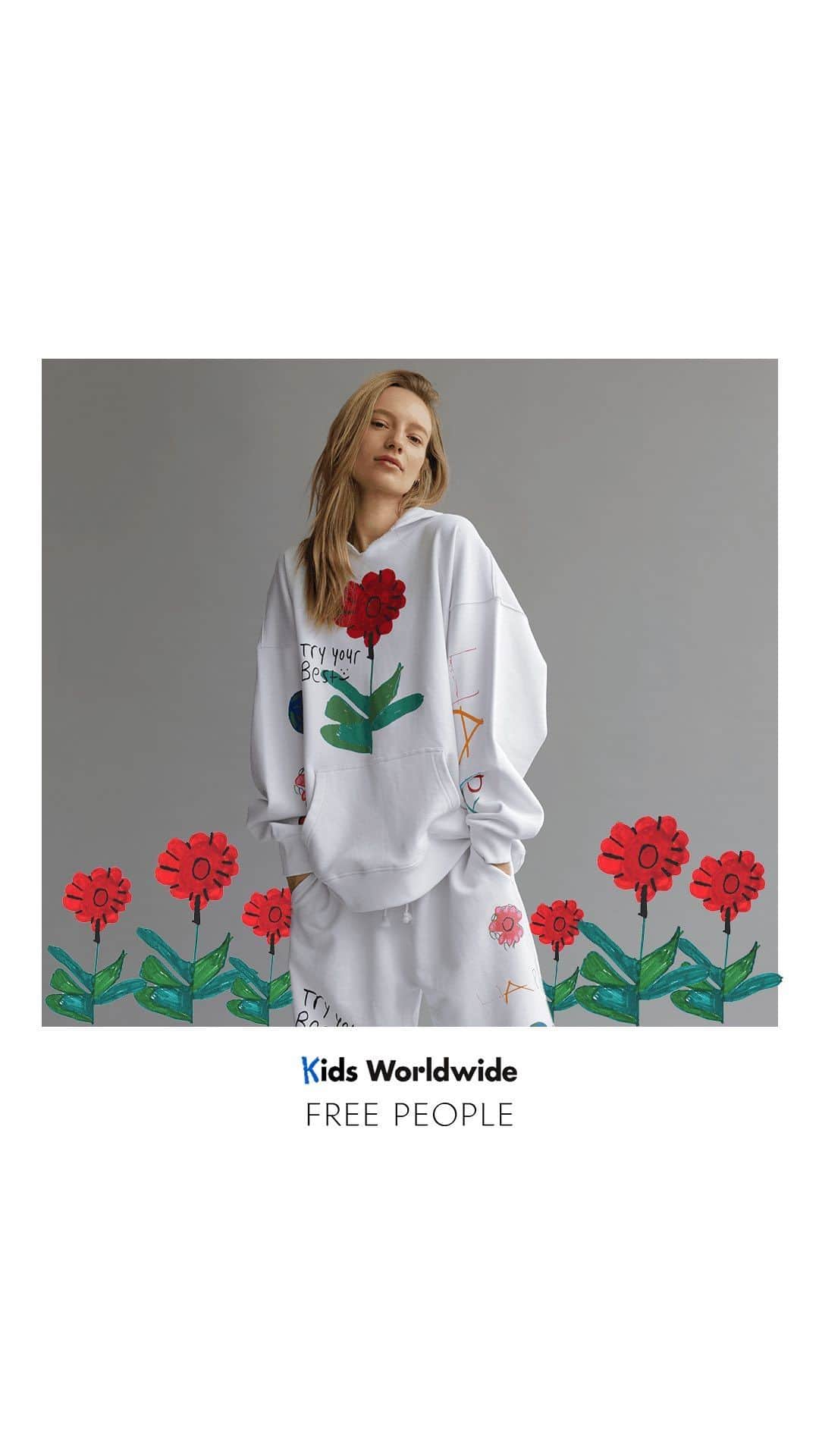 freepeopleのインスタグラム：「Introducing @kidsworldwide X Free People. A three piece collection designed by kids that empowers youth. Learn more about our collaboration at our link in bio.」