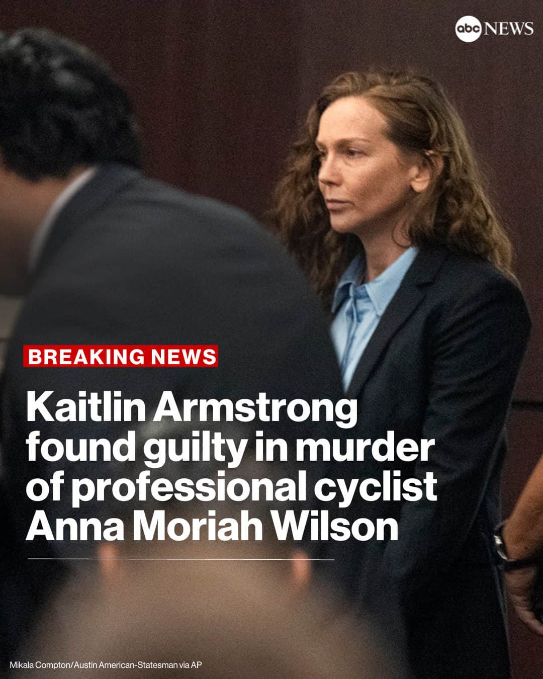 ABC Newsのインスタグラム：「A jury has found Texas yoga instructor Kaitlin Armstrong guilty of murder in the fatal shooting of romantic rival Anna Moriah "Mo" Wilson.  Wilson was found suffering from multiple gunshot wounds at a friend's home in Austin on the night of May 11, 2022. The cycling prodigy was once romantically linked to Armstrong's then-boyfriend, Colin Strickland, a fellow professional cyclist, and was found shot hours after meeting up with him, police said.  More at link in bio.」