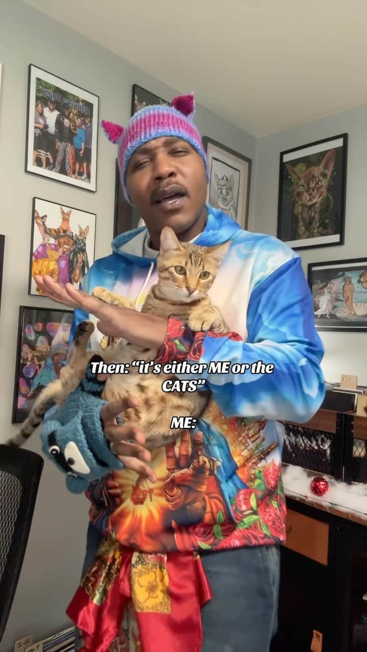 MSHO™(The Cat Rapper) のインスタグラム：「Cats over EVERYBODY!!! So please NEVER make us choose!! WHERE OUR CAT PEOPLE AT!?!? Stand up!!! Who else’s love their cats!?!?!? Or are you too cool & busy to let us know!?!?? ❤️ #CatMan #CatMom #TheCatRapper #CatLady #CatDad #MoGang」