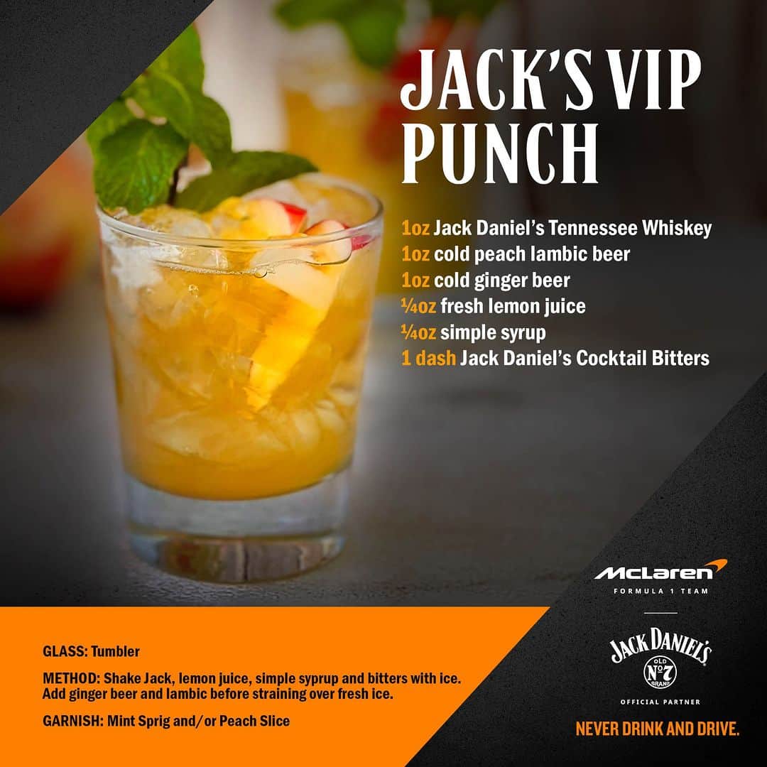 ジャックダニエルのインスタグラム：「Kick off the #LasVegasGP and cheer on our friends at @mclaren in style with Jack’s VIP Punch.   #MakeItCount #McLaren Never Drink and Drive」