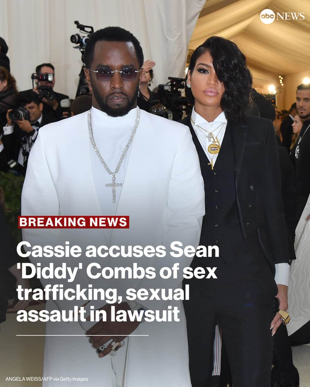 ABC Newsのインスタグラム：「JUST IN: Singer and actress Cassie has filed a lawsuit against ex-boyfriend Sean "Diddy" Combs, accusing him of sex trafficking and sexual assault, according to court documents obtained by ABC News.  According to the lawsuit, the abuse started when Cassie was 19 and Combs allegedly lured her into a professional and sexual relationship. Read more at the link in bio.」