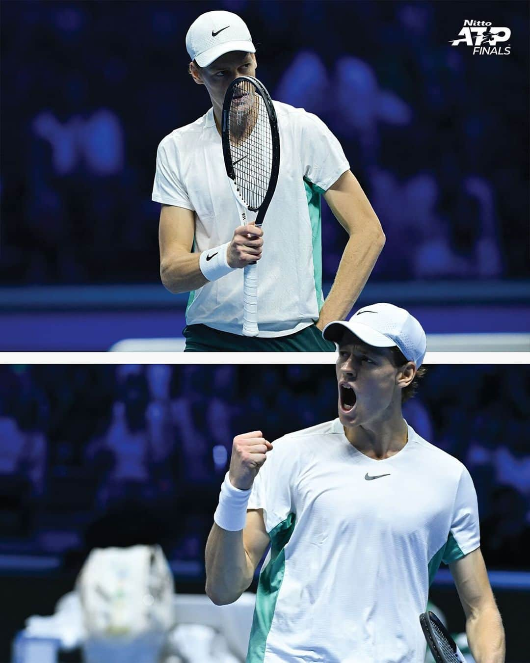 ATP World Tourのインスタグラム：「All hits NO misses 🎤  @janniksin goes undefeated in group play on home soil, fighting past Rune 6-2, 5-7, 6-4!   #NittoATPFinals」