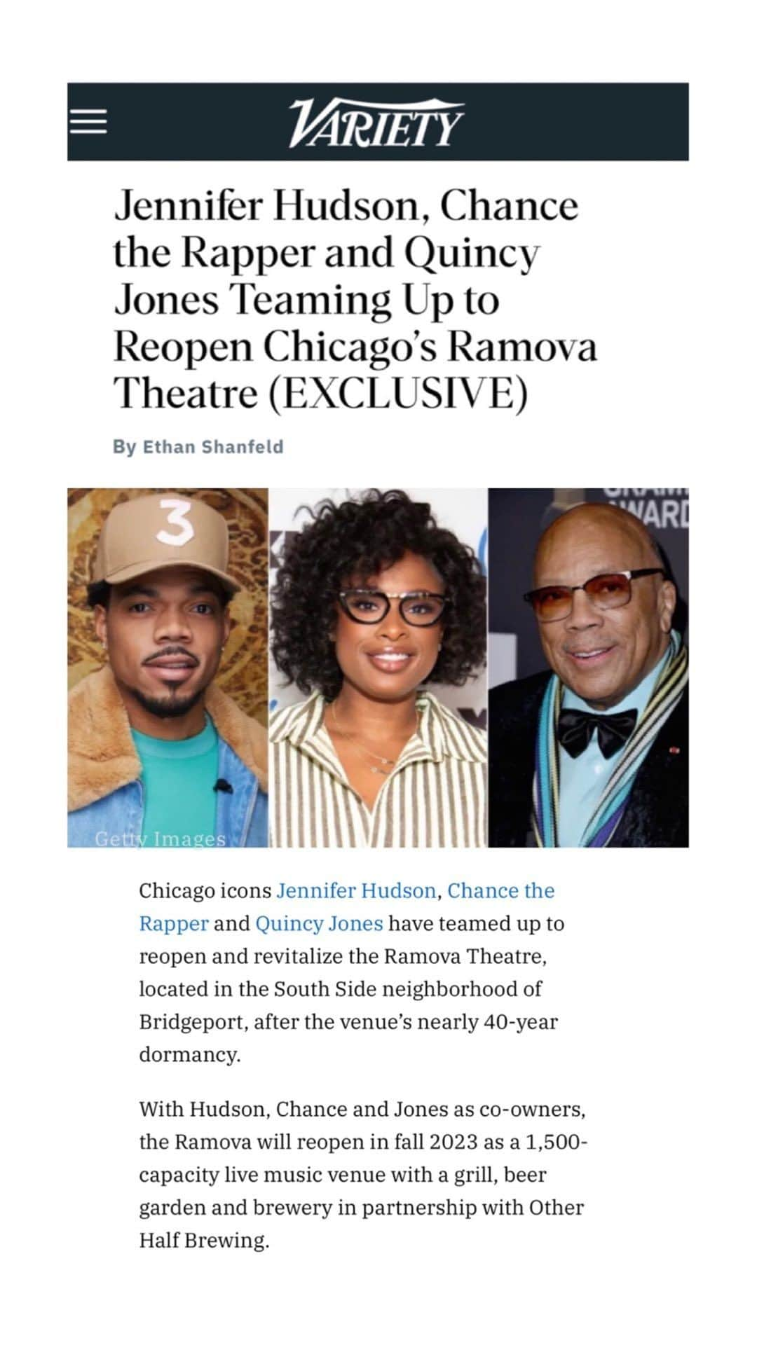 ジェニファー・ハドソンのインスタグラム：「So proud to team up with fellow Chicagoans @quincyjones and @chancetherapper on this exciting project on the South Side. After being closed for almost 40 years, the historic @ramovachicago is set to re-open before the end of the year. Get ready Chitown !!!」