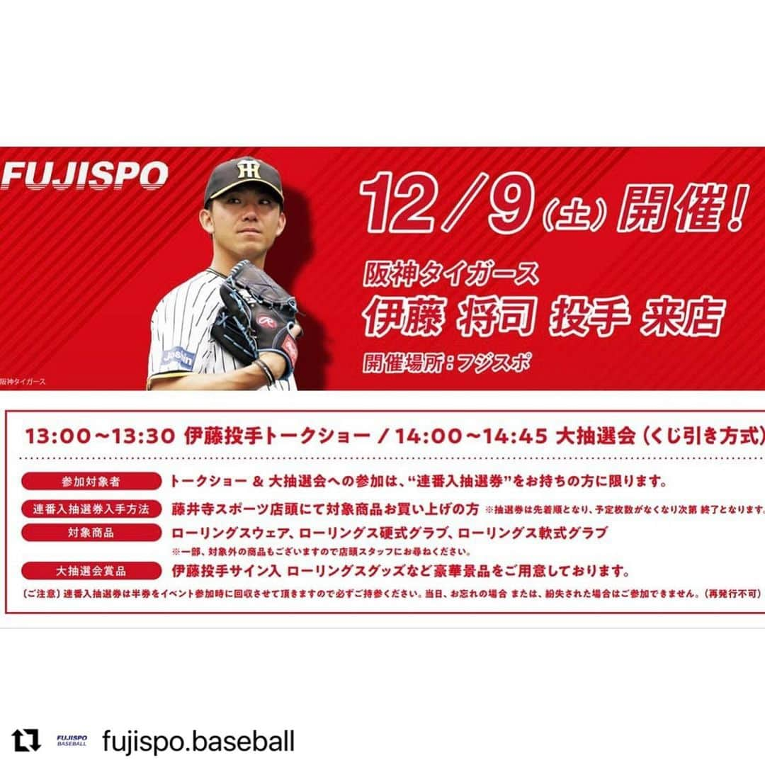 Rawlings Japanのインスタグラム：「#Repost @fujispo.baseball with @use.repost ・・・ あの選手がフジスポに御来店‼️🐯  12月9日(土)13:00~ 阪神タイガース日本一を支えたサウスポー 伊藤将司投手のがフジスポに御来店‼️  トークショー、伊藤選手のサイン入りグッズが当たる 大抽選会を開催致します🐯⚾️‼️  今年の阪神を支えた大投手を間近で見れるチャンスです👀‼️  明日よりローリングス対象商品をご購入の方に イベントに参加できる抽選券を配布致します‼️  詳しくは投稿画像をチェック✅👉  超超超ビッグなイベントです‼️ 皆様の御来店をお待ちしております😁  #ローリングス #Rawlings #阪神タイガース #阪神 #タイガース #伊藤将司 #トークショー #フジスポ #FUJISPO #藤井寺スポーツ #BASEBALL #baseball #野球 #硬式野球 #軟式野球 #高校野球 #中学野球 #少年野球 #大学野球 #ソフトボール #草野球 #野球専門店 #グローブ #グラブ #オーダーグラブ #野球好きと繋がりたい @fujispo.baseball @rawlings_japan_llc」