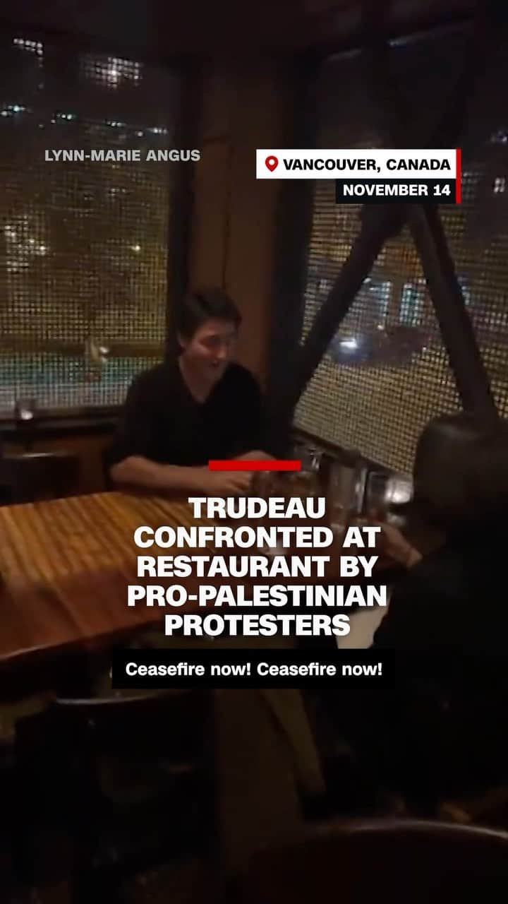 のインスタグラム：「Canadian Prime Minister Justin Trudeau was confronted by pro-Palestinian protesters while at a restaurant in Vancouver.」