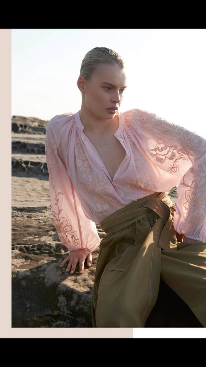 ミーガンパークのインスタグラム：「NEW ARRIVALS - Celebrating the duality of modern femininity that is confident, multifaceted, and unapologetically versatile.  These pieces transition between the realms of soft elegance as blush pink voile laced with delicate embroidered tendrils juxtapose against utilitarian fabrications and detailing.  These surprising combinations create outfits that speak to an empowered woman who navigates the world with a blend of cool femininity and unwavering resilience.」