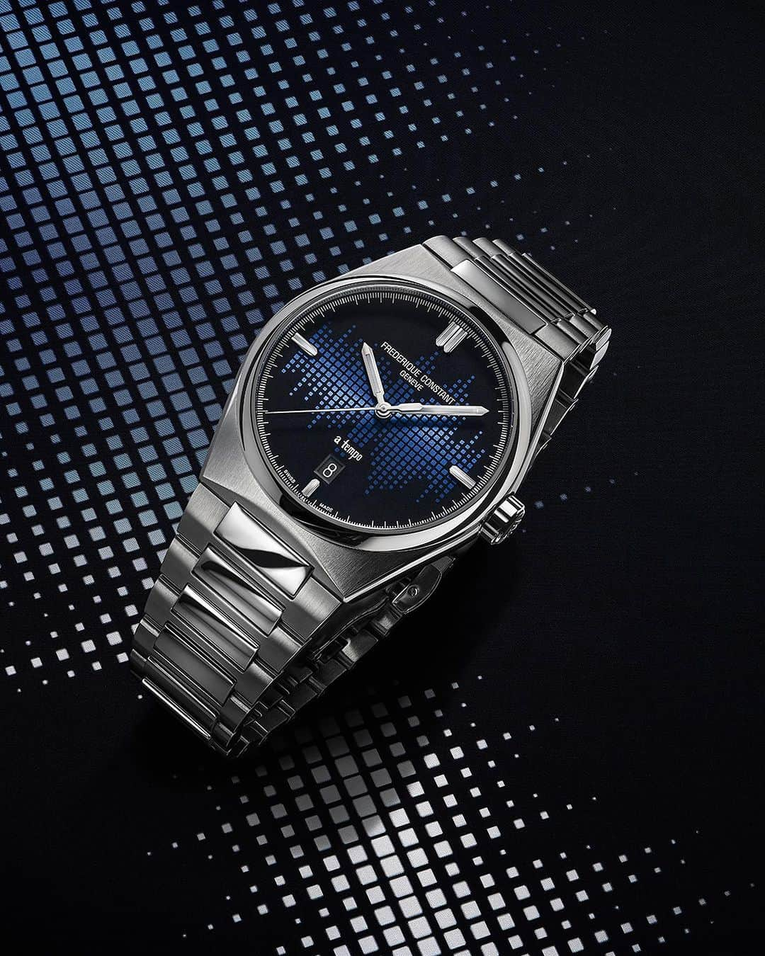 フレデリックコンスタントのインスタグラム：「Meet the exclusive Highlife Automatic X The Avener. One of the two timepieces designed by the French musician and producer.   The motif on the dial echoes the sound waves of those hits as depicted on studio monitors. The shade of blue of this model has particular significance for The Avener: it was used on the cover of his first album, a global success boosted by the single Fade Out Lines.   It’s as if the timepiece has captured a fragment of his music, depicting a few bars of the score. The dial combines all the rhythm of the producer/musician – and all the precision of Swiss engineering.  @theavenermusic #HighlifeCollection #partnership #watchmaking #music」