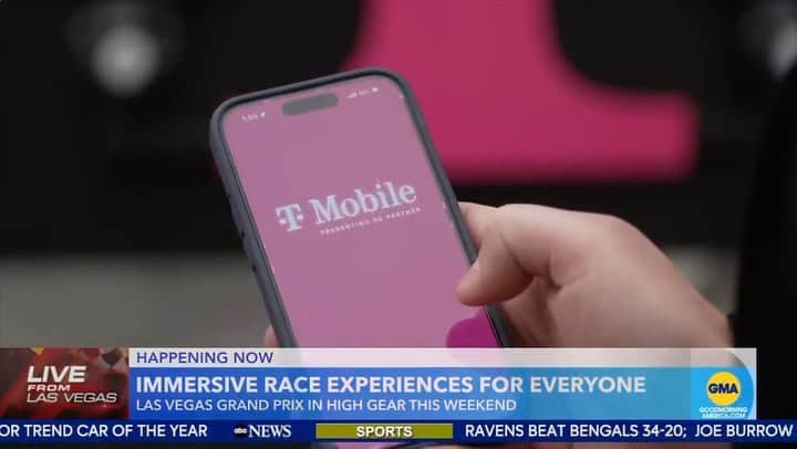 Good Morning Americaのインスタグラム：「Our sponsor @tmobile is connecting with F1 fans in Las Vegas and at home with their 5G network and new experiences!  For F1 fans at home, check out the F1 Las Vegas app for 3D navigation and more. If you made it to Vegas for the race — check out the immersive features in the F1 LVGP app and Club Magenta lounge in the T-Mobile Zone at Turn 5!」