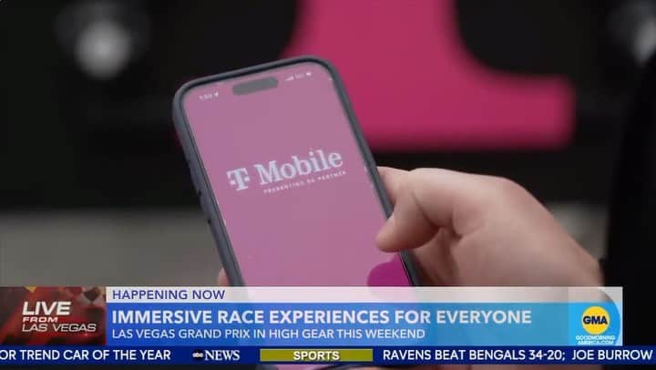 Good Morning Americaのインスタグラム：「Our sponsor @tmobile is connecting with F1 fans in Las Vegas and at home with their 5G network and new experiences!  For F1 fans at home, check out the F1 Las Vegas app for 3D navigation and more. If you made it to Vegas for the race — check out the immersive features in the F1 LVGP app and Club Magenta lounge in the T-Mobile Zone at Turn 5!」