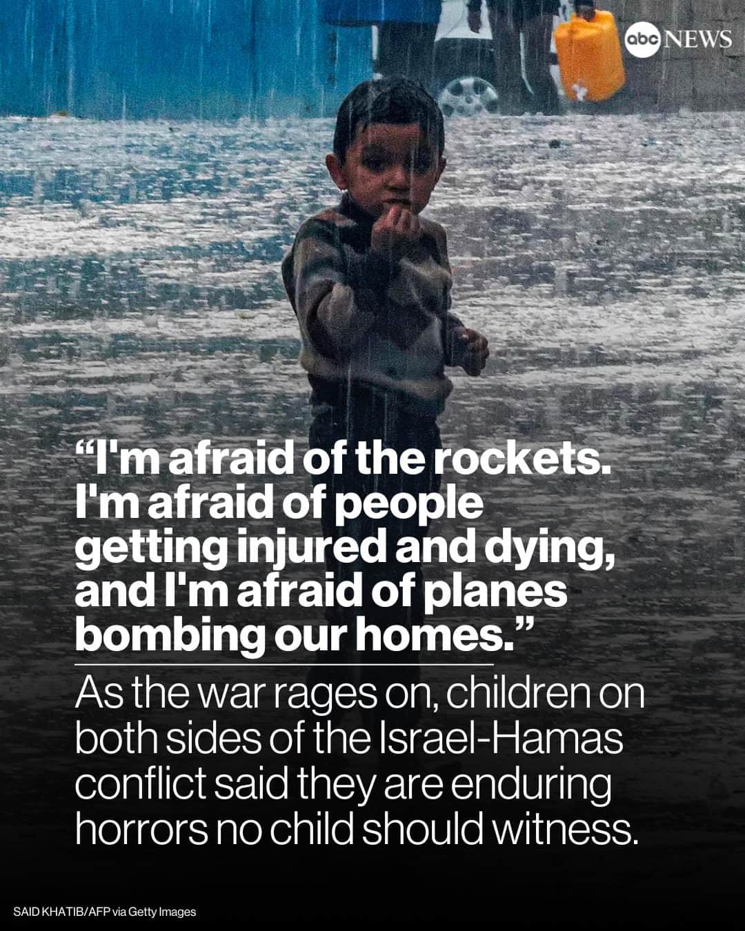 ABC Newsのインスタグラム：「As the war between Israeli forces and the Hamas terror group rages on, children caught in the crossfire on both sides of the conflict are enduring unfathomable horrors.  From witnessing their parents slain and having loved ones kidnapped to living in constant fear of being hit by a missile, some of the children in the war zone told @ABCNews they have witnessed a living nightmare.  Read more at the link in bio.」