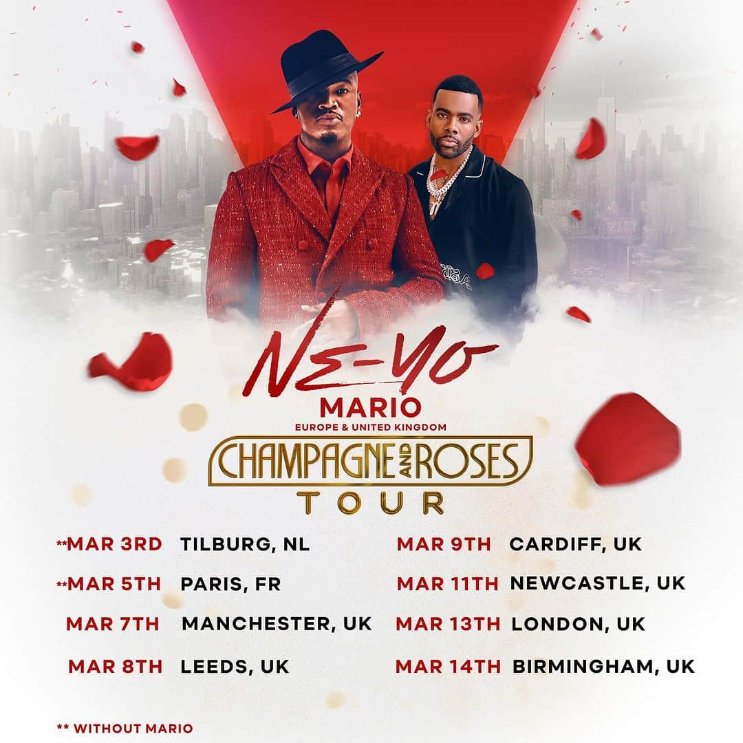 NE-YOのインスタグラム：「The CHAMPAGNE & ROSES TOUR is going overseas! Excited to be hitting Europe & the UK with my brother @marioworldwide in 2024! Tickets go on sale 11/24! #ChampagneAndRosesTour🥂🌹」