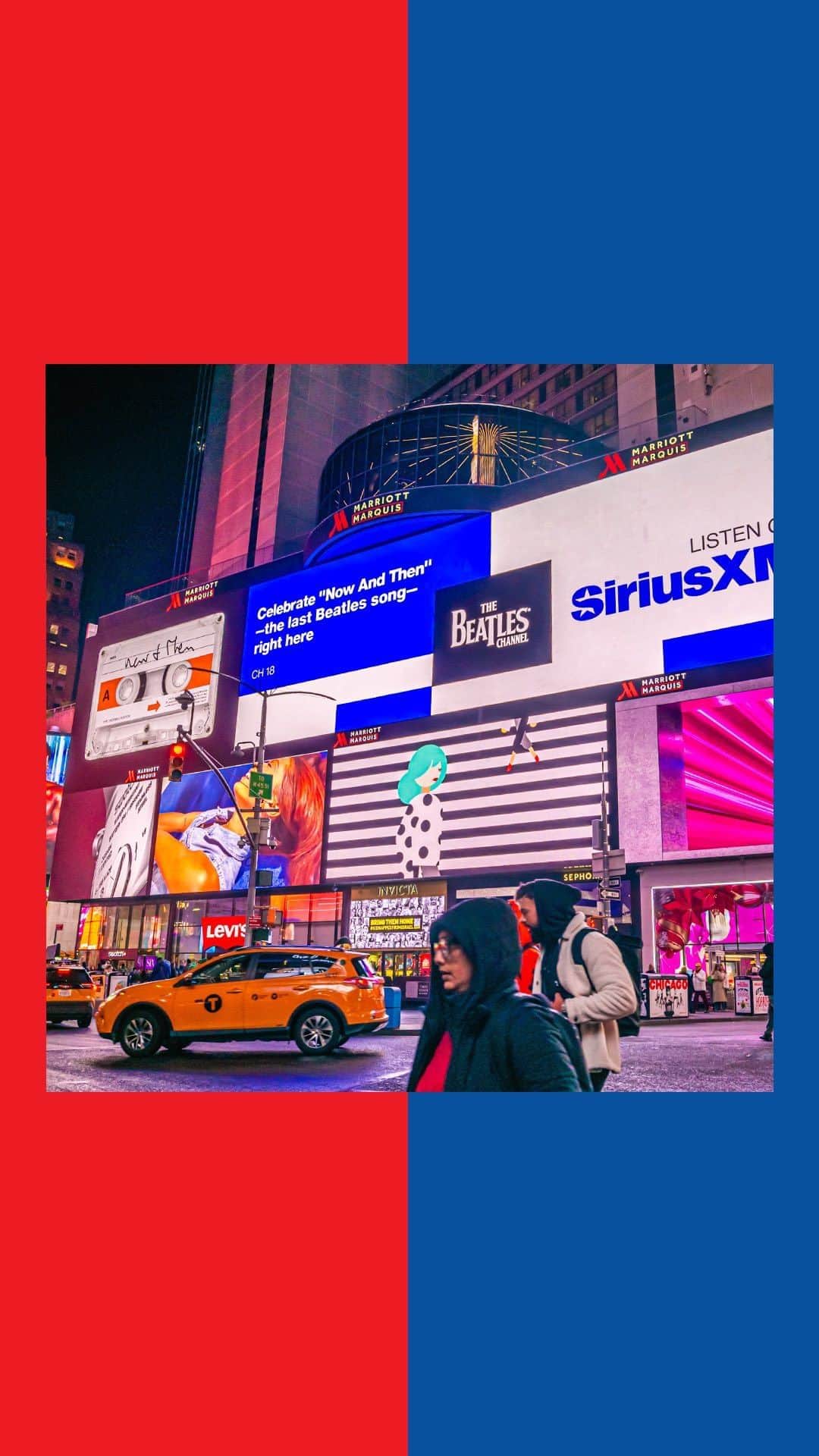 The Beatlesのインスタグラム：「Check out the ’Now And Then’ dedicated @siriusxm display for The Beatles Channel in Times Square NYC!  Tune in to The Beatles Channel on SiriusXM channel 18 and on the SiriusXM app to hear exclusive Celebrity Track-By-Track Album Specials for The Red Album and The Blue Album this month.  #NowAndThen #RedandBlue  Learn more - link in bio.」