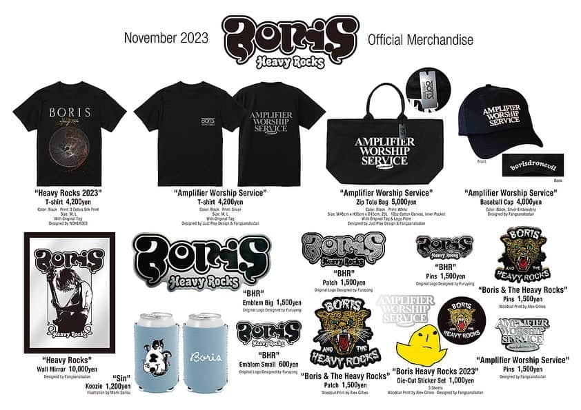 BORISさんのインスタグラム写真 - (BORISInstagram)「【Tomorrow’s Merchandise & Time Table】  明日boris -drone set- with rokapenis  At liquidroom 公演  新作マーチャンダイズ各種、Tour Editionの”Heavy Rocks” 2LPなどございます。 是非マーチテーブルをチェックしてください。  “New Vintage Axis” 2023/11/18（土）at LIQUIDROOM  BAREBONES / boris -drone set- / envy / 鐵槌 -Sledgehammer-  【DJ】NIGARA_Spazztic Sound Tribe Pistoleros (GARA) / ERIKO  タイムテーブル  　Open　16:15- 　DJ: NIGARA(GARA, S.S.T.P) ・boris -drone set- 　17:00〜 　DJ:ERIKO　17:45〜 ・BAREBONES 18:05〜　 　DJ: NIGARA(GARA, S.S.T.P)  18:45〜 ・鐵槌-Sledgehammer- 19:05〜 　DJ: NIGARA(GARA, S.S.T.P)  19:50〜 ・ envy  20:10〜 ・ envy×Boris session 　DJ:ERIKO  open 16:15 / start 17:00 Ticket ￥4,400  Ticket linked in Highlight “NVA”」11月17日 22時46分 - borisdronevil