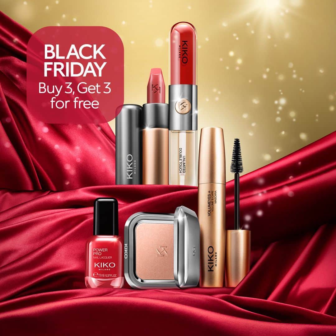のインスタグラム：「Ready, steady, shop! #KIKOBlackFriday is now online & in #KIKOStores 🤩🎉 ⁣ Get your holiday gifts ready with our #KIKOBlackFriday promo: buy 3, get 3 for FREE, valid on our entire catalogue! 🎁 Don’t miss out! ⁣ ⁣ *Check our website for local promo details.⁣ ⁣ Unlimited Blush 12 - Velvet Passion Matte Lipstick 329 - New Volumeyes + Mascara - Unlimited Double Touch 107 - New Power Pro Nail Lacquer 22」