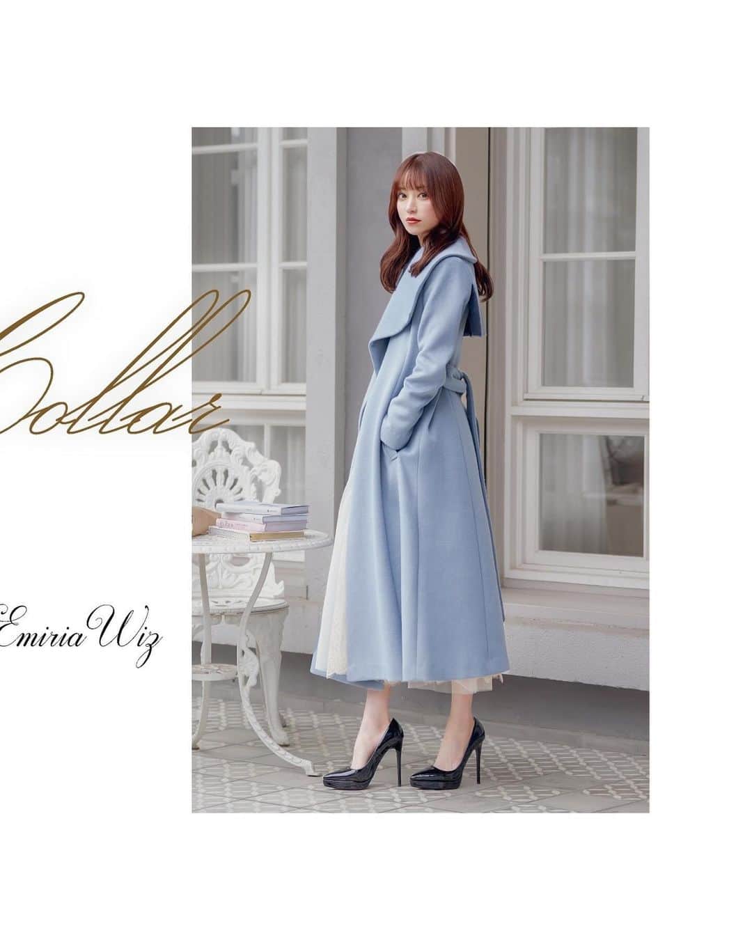 emiriawizのインスタグラム：「. ⁡ 【EmiriaWiz 2023 Outer selection】 ⁡ ◯ Classique big collar coat ⁡ フレアシルエットでさらっと羽織れるコート。 昨年よりウールの混率をあげ、より暖かく。 ビッグカラーでお顔周りを華やかに見せてくれます。 ワンピースにも合わせやすい、ロング丈のゆったりとしたシルエット。 縦のラインを強調するシンプルなコートで、肌寒くなる季節にも上質な小慣れ感をプラスしてくれます。 ⁡ color : blue / pink / gray / beige size : S / M price : 48,180yen ⁡ ⁡ #emiriawiz #エミリアウィズ #愛沢えみり」