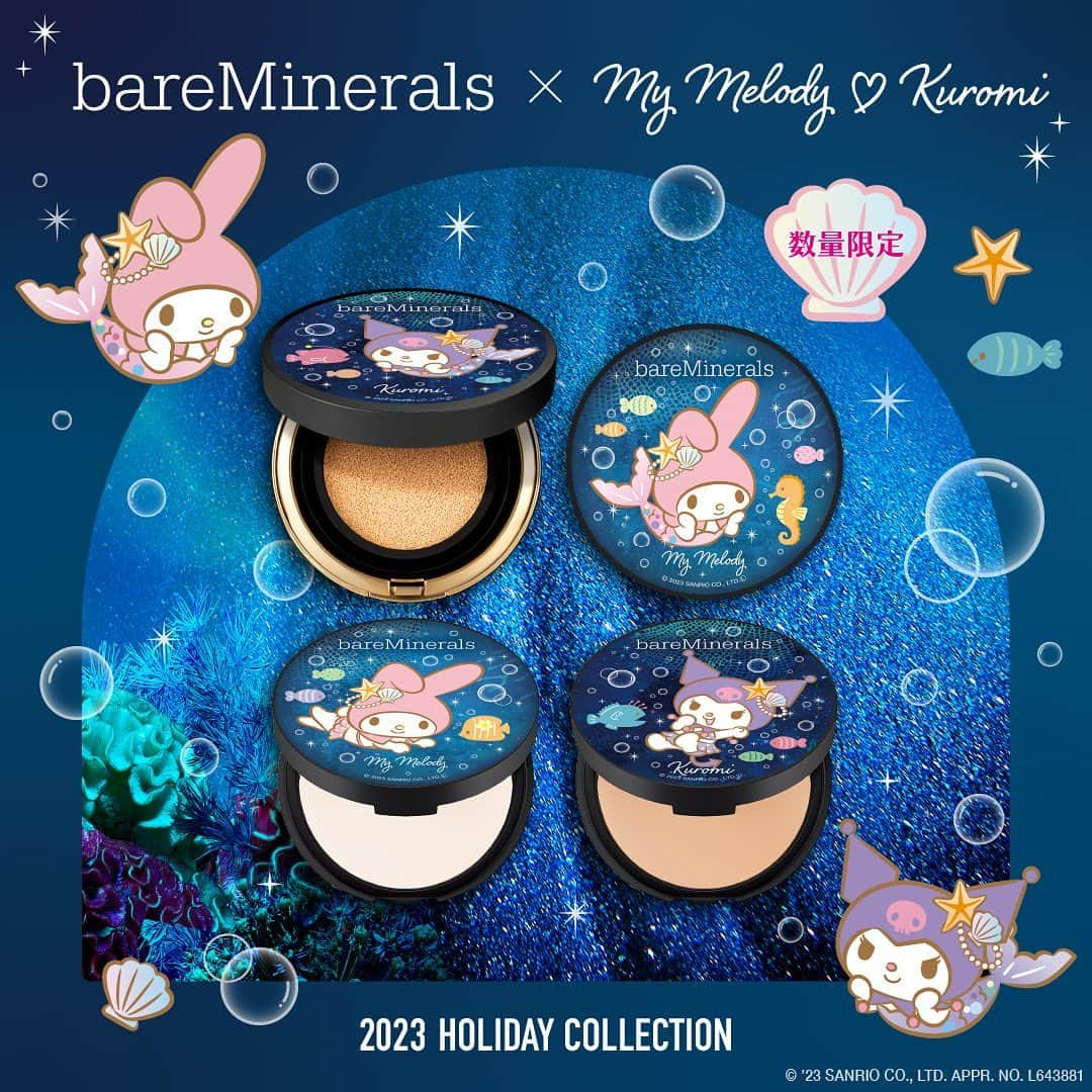 bareMinerals JPのインスタグラム：「みんなとわたしに優しいお守り🎀🌎 マイメロディ♡クロミとのコラボレーションitemのご紹介✨  持っているだけでときめく、コラボデザインパッケージ。 お疲れモードなときも、マイメロとクロミに癒されて😌🌿  ◎オリジナル ピュア セラム カバーアップ クッション(ケース付き)  フェア 01/フェアリー ライト 03/ライト 08/ミディアム ベージュ 12 ・価格:6,820円(税込) ＊マーメイドデザインのみ  ◎ベアプロ 16HR パウダー ファンデーション フェア 10 ウォーム/フェア 15 ニュートラル/フェア 15 ウォーム ・価格:5,280円(税込)   ◎オリジナル ミネラルベール プレストパウダー トランスルーセント ・価格:4,620円(税込)   全国のベアミネラルカウンター、ベアミネラル公式ECサイト、一部のベアミネラル取扱店舗にて発売中！  #つけないよりも肌に良い #ベアプロ16HRパウダーファンデーション #オリジナルミネラルベールプレストパウダー #オリジナルピュアセラムカバーアップクッション #ベアミネラル #クリーンビューティー #ビーガンコスメ #ヴィーガンコスメ #ナチュラルコスメ  #サステナブルビューティー #スキンケア #メイクアップ #bareminerals #barebeauties #vegancosmetic #sustainnablebeauty #makeup #skincare #クリスマスコフレ #クリスマスコフレ2023 #サンリオ #マイメロディ #クロミ #ホリデーコフレ #ホリデーギフト #ギフト #ハッピーサステナブルホリデー#holidaymakeup #christamasmake #holidaycollection」