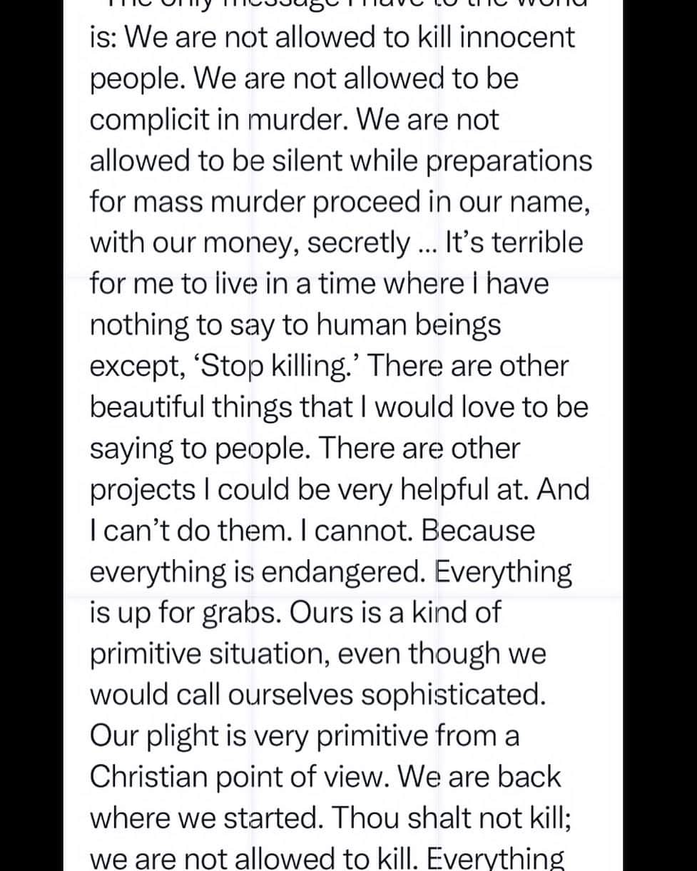 ジョン・キューザックのインスタグラム：「This reckoning  is happening -  solidarity for all who want justice , peace ,  long and short term safety for  the good of all - to stop the killing now . CEASE FIRE - for Palestine for Israel,  for the wounded and dead -  for those dying now in Gaza - for the hostages yet to be released ,  to stop the rising tide of anti semitism & Islamophobia . We do not accept THE LIE that any country’s security & safety can depend on the extermination of another people.」