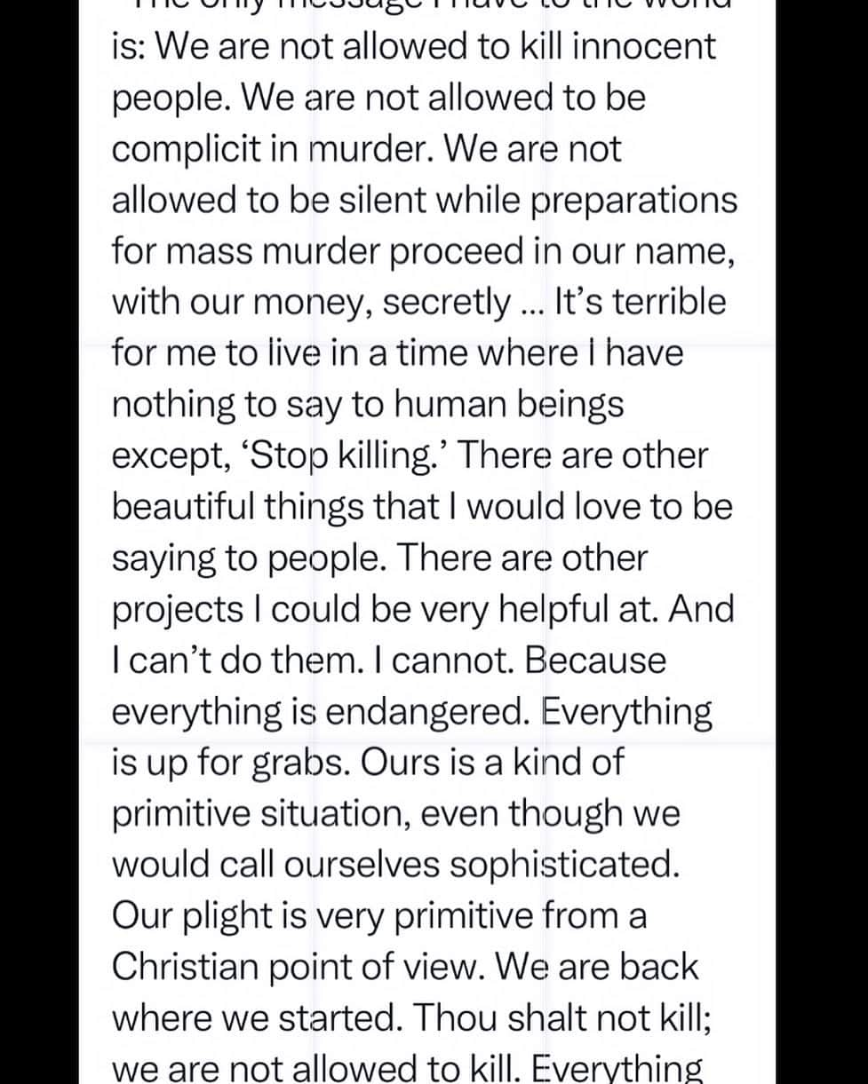 ジョン・キューザックのインスタグラム：「This reckoning  is happening -  solidarity for all who want justice , peace ,  long and short term safety for  the good of all - to stop the killing now . CEASE FIRE - for Palestine for Israel,  for the wounded and dead -  for those dying now in Gaza - for the hostages yet to be released ,  to stop the rising tide of anti semitism & Islamophobia . We do not accept THE LIE that any country’s security & safety can depend on the extermination of another people.」