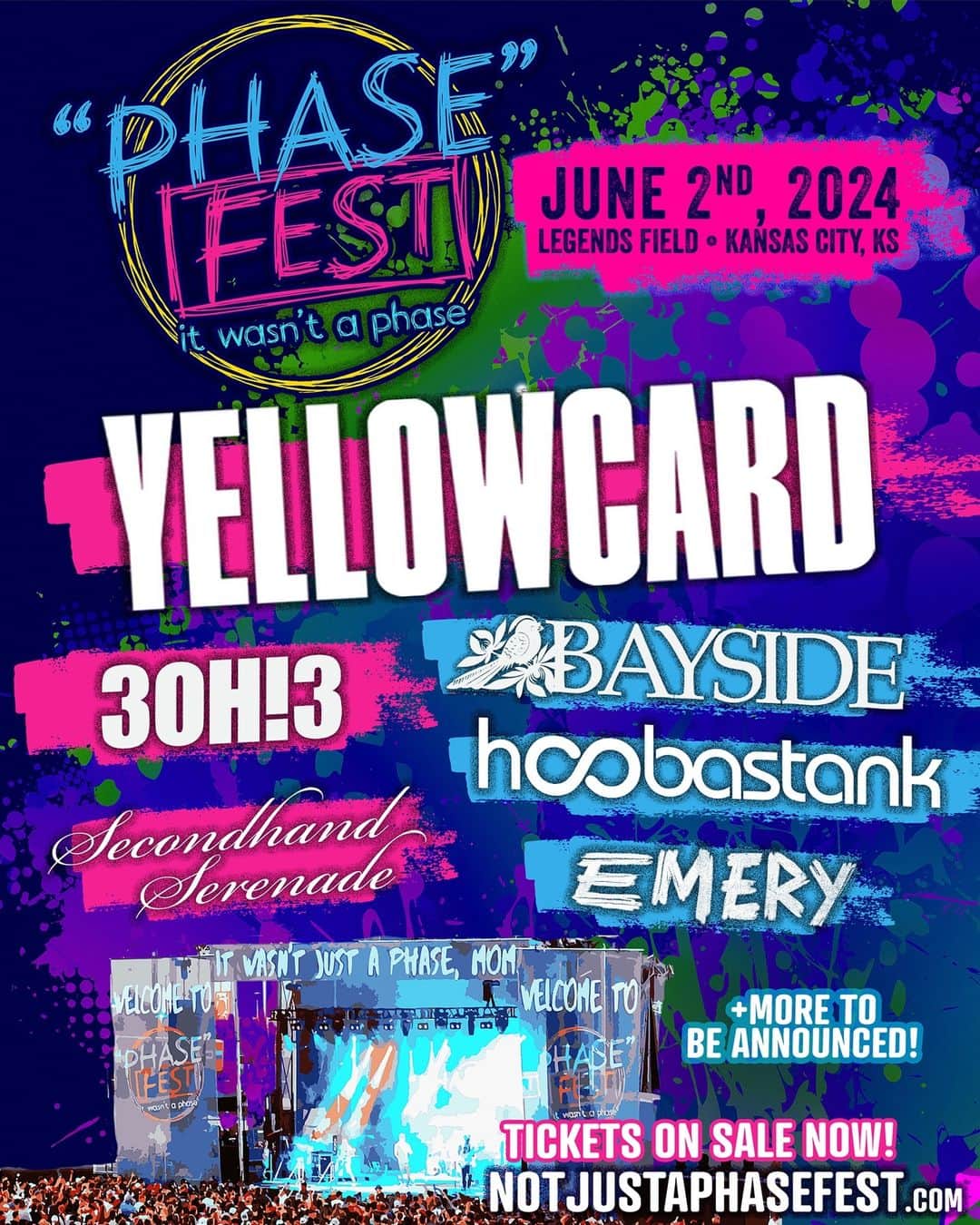 Yellowcardのインスタグラム：「We’re headlining Phase Fest in Kansas City on June 2nd, 2024 at Legends Field! You can grab your tickets at notjustaphasefest.com - see you there 🤘 More info: ➡️ @notjustaphasefest  • • • #yellowcard #yellowcardband #musicfestival #poppunk #emo #elderemo #violin #concert」