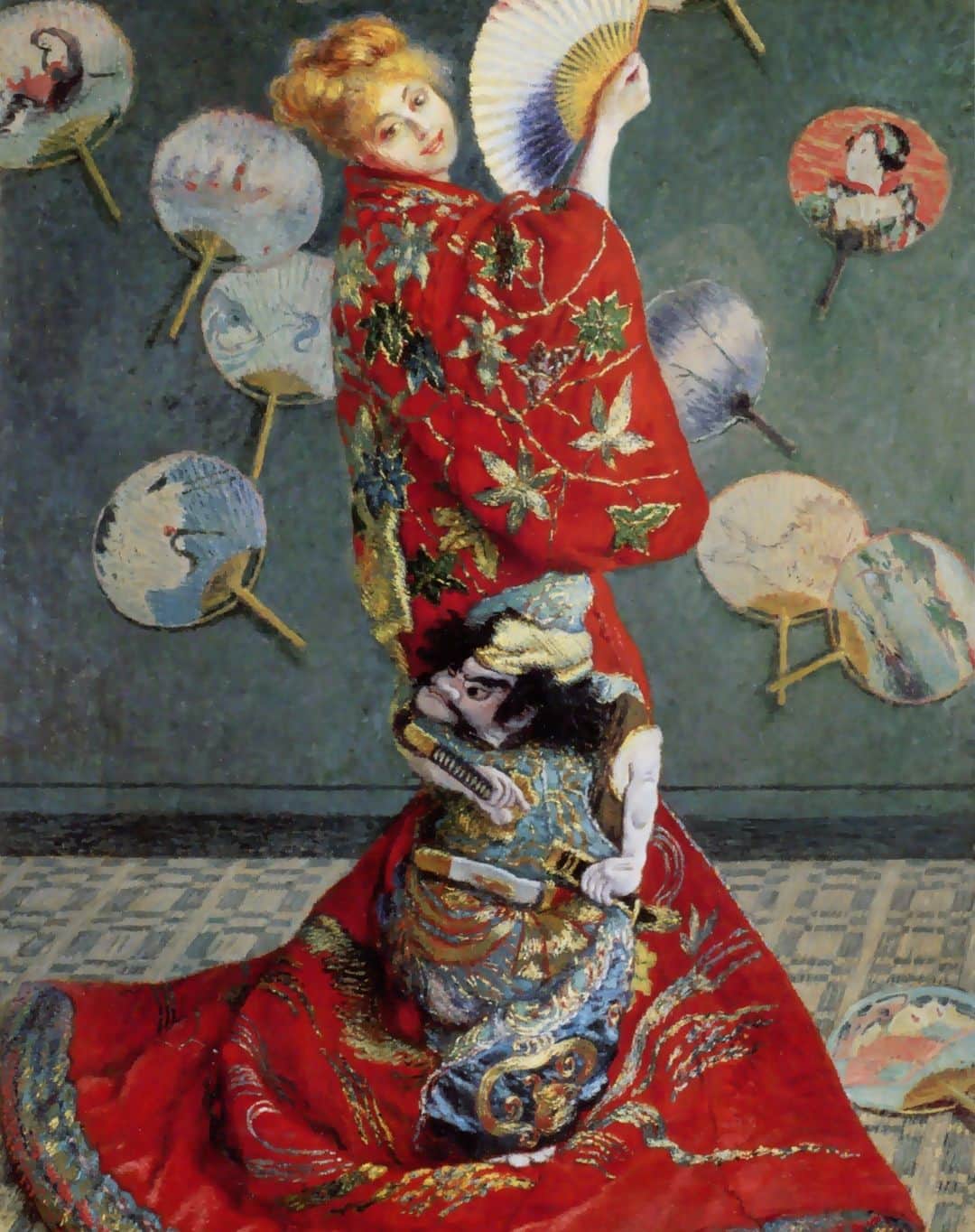 フランス大使館のインスタグラム：「11月15日は #着物の日 👘でした。着物を羽織る女性が描かれたモネの『ラ・ジャポネーズ』。大胆な構図と色使いは賛否両論を引き起こしました。特に浮世絵に魅せられ、大きな影響を受けた彼は #ジャポニズム の流行を促した作家として知られています。このモデルの女性は彼の妻だと言われています。」