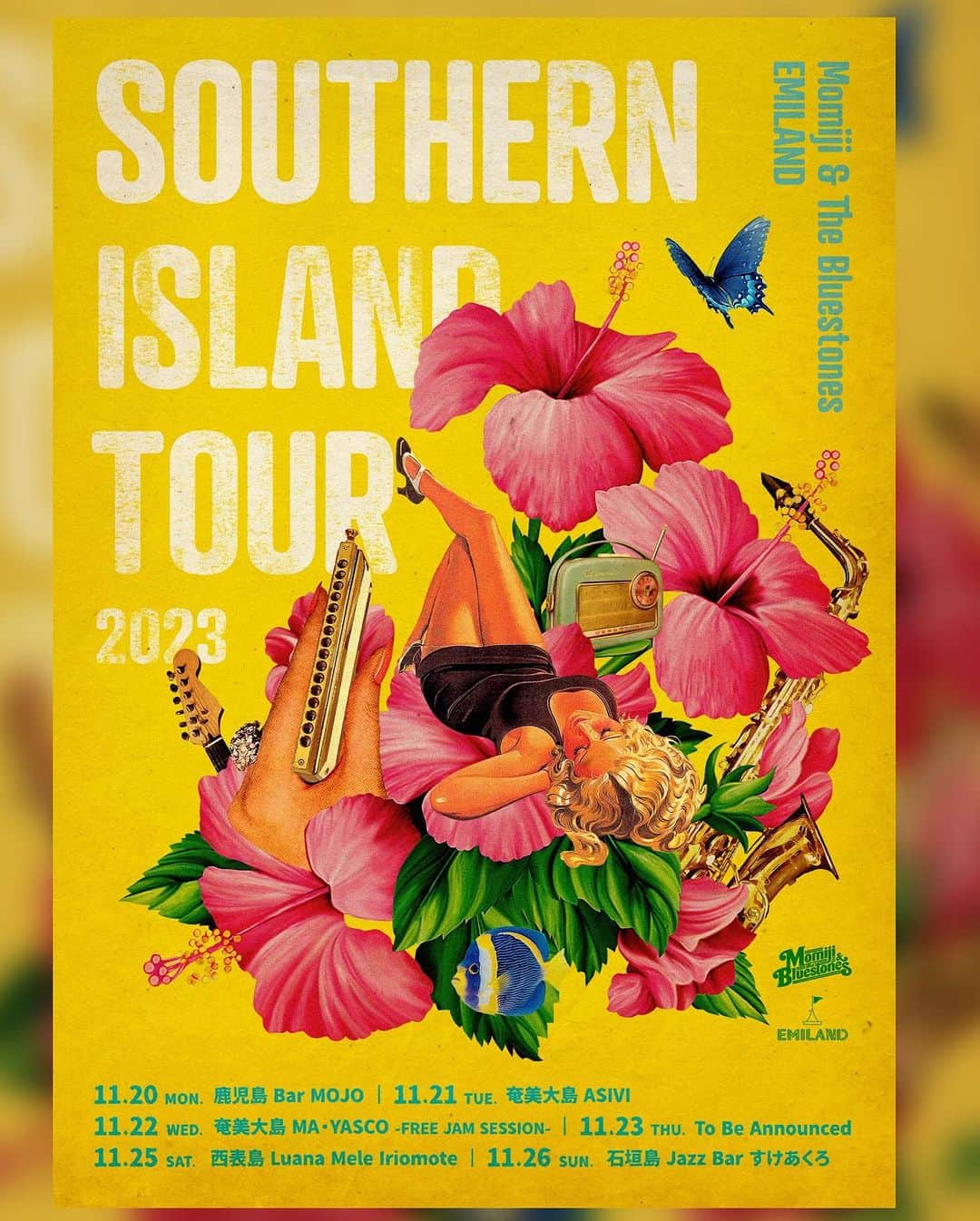 竹内朋康のインスタグラム：「いよいよ来週月曜日から始まる Momiji & The BluestonesとEMILANDによる Southern Island Tour 2023  南の島をこの最強ツーマンでまわれるなんて ワクワクでしかありません！  ぜひともSoul & Bluesを堪能しに遊びに来てくださいね。  Check It Out🔥  Momiji & The Bluestones × EMILAND  Southern Island Tour 2023   11/20 mon 鹿児島 Bar MOJO   11/21 tue 奄美大島 ASIVI   11/22 wed 奄美大島 MA・YASCO   11/23 thu 沖縄 KOZA crossover cafe 614   11/25 sat 西表島 Luana Mele Iriomote   11/26 sun 石垣島 Jazz Bar すけあくろ」