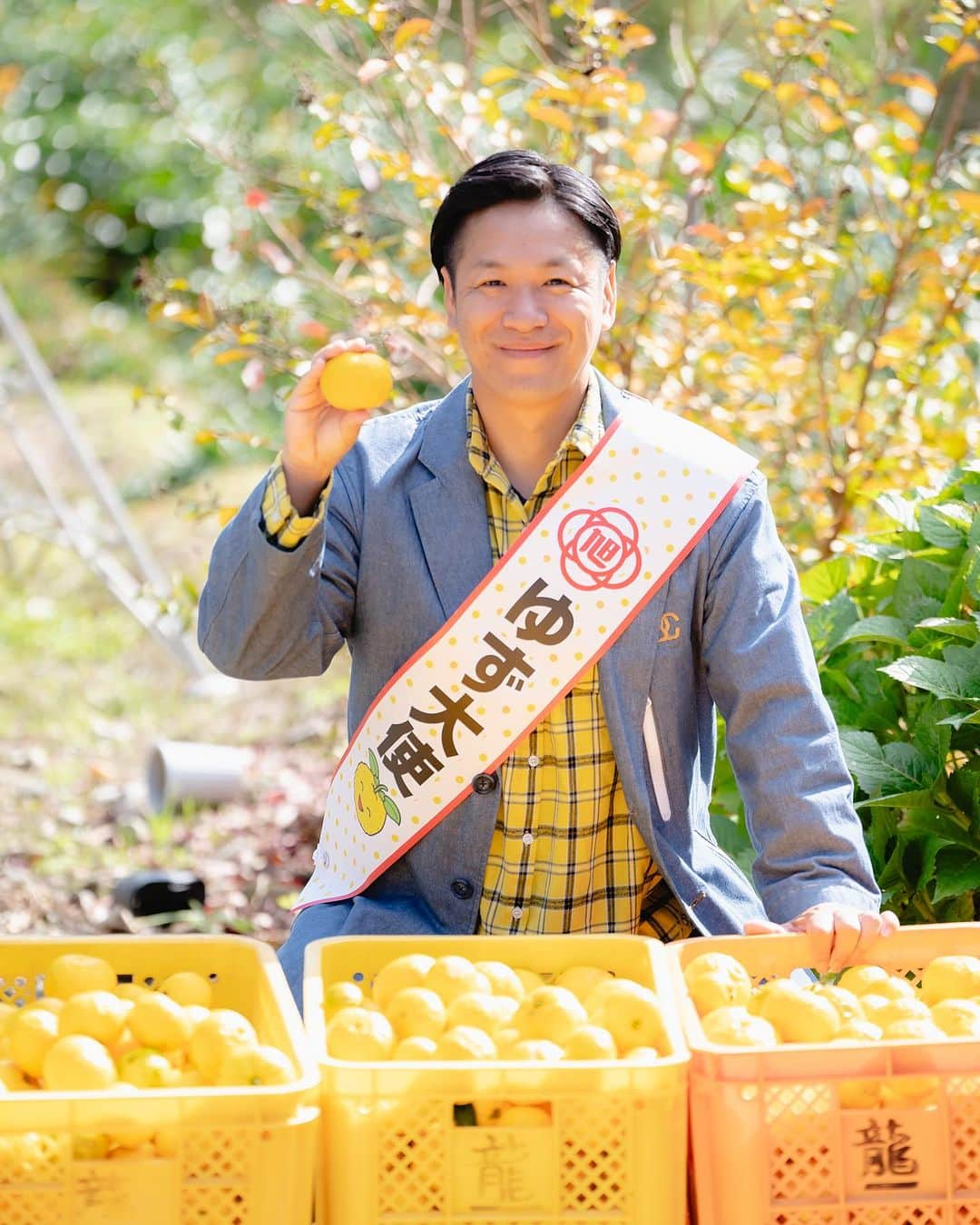 川島章良のインスタグラム：「. . . 今日から旭食品さんからなんとなんと  『ゆず大使』の任命されました。  1年間高知のゆずを広めて行きたいと思います。  ゆずの勉強もしてだいぶ知識ついてきました。  またレシピなども開発していきたいです。  ゆず島章良をよろしくお願いします。  #ゆず #ゆず大使 #はんにゃ川島 #旭食品 #高知」