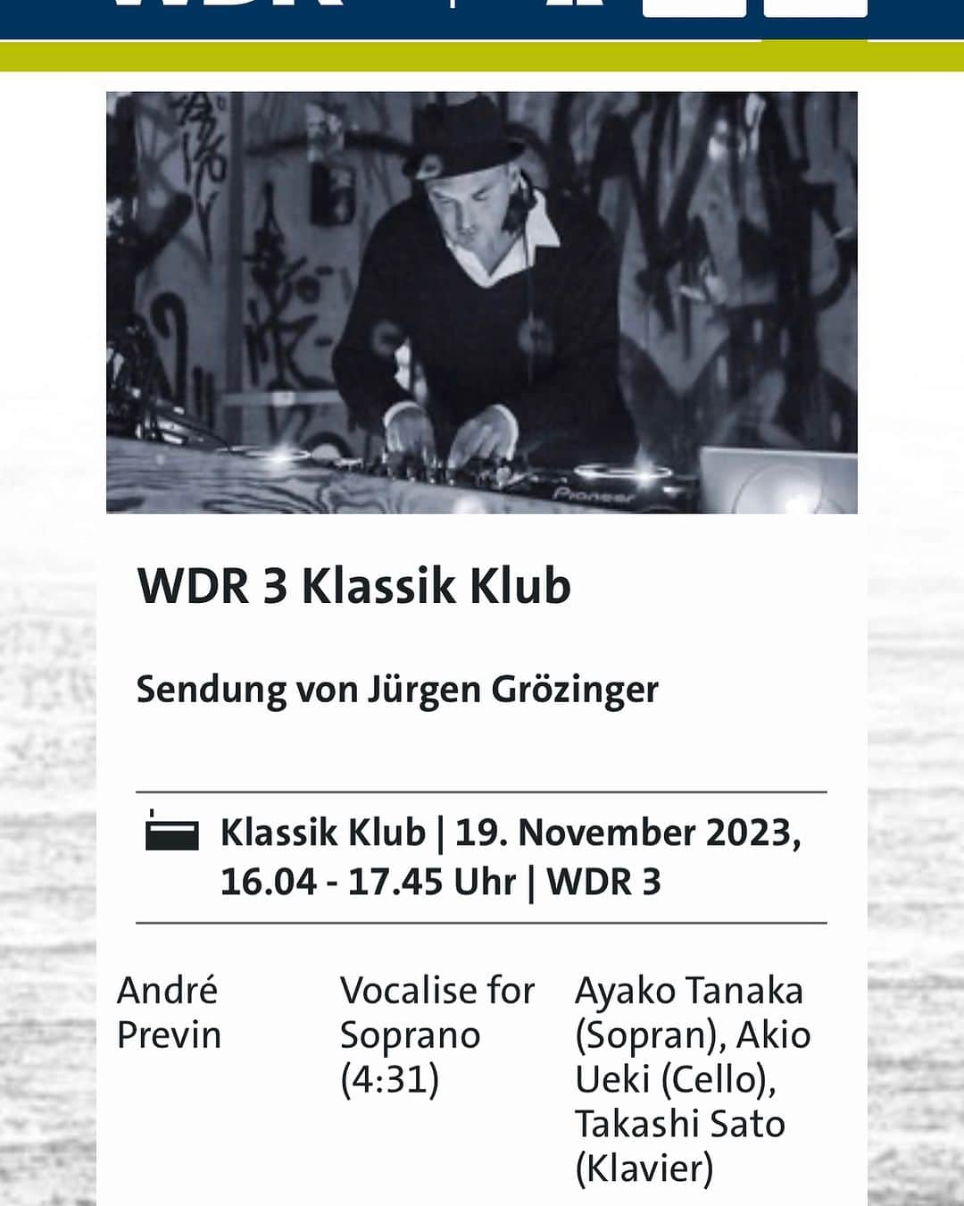 田中彩子のインスタグラム：「. Westdeutscher Rundfunk Köln (WDR) will be broadcast from My New Album „Play Coloratura“ three times in a program of the @juerigagarino  First day November 19th is "Totensonntag", a day to remember those who have passed away. Vocalise for Soprano, Cello and Piano by André Previn. #wdr   ドイツの公共放送局WDRケルン西ドイツ放送(Westdeutscher Rundfunk Köln WDR)の @juerigagarino さんの番組にて、3回にわたって私のニューアルバム《Play Coloratura》から取り上げて頂きます。 11月19日は"Totensonntag“で、亡くなった方に思いを馳せる日とでもいいましょうか、そういった特別な日に選曲頂き嬉しいです。  https://www1.wdr.de/radio/wdr3/programm/sendungen/wdr3-klassik-klub/klassikklub-1036.html」