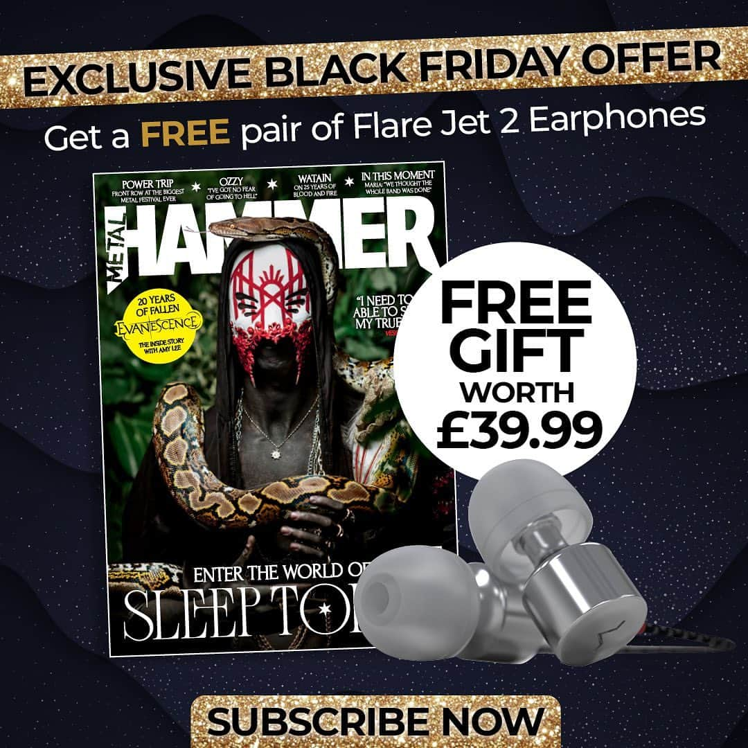 METAL HAMMERのインスタグラム：「BLACK FRIDAY EXCLUSIVE OFFER!   Subscribe now to Metal Hammer and receive a free pair of Flare Jet 2 Earphones - worth £39.99 🖤  Link in bio!」