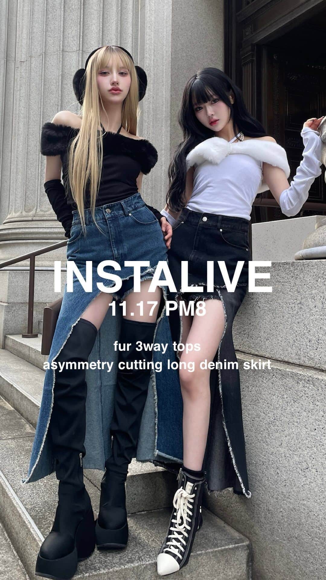 pipilottieのインスタグラム：「11月17日20時から新作販売のインスタライブ🩶  "asymmetry cutting long denim skirt" color black.blue ¥11,800  "fur 3way tops" color black.white.brown ¥9,500  サイトにて販売中✨  #andwang」