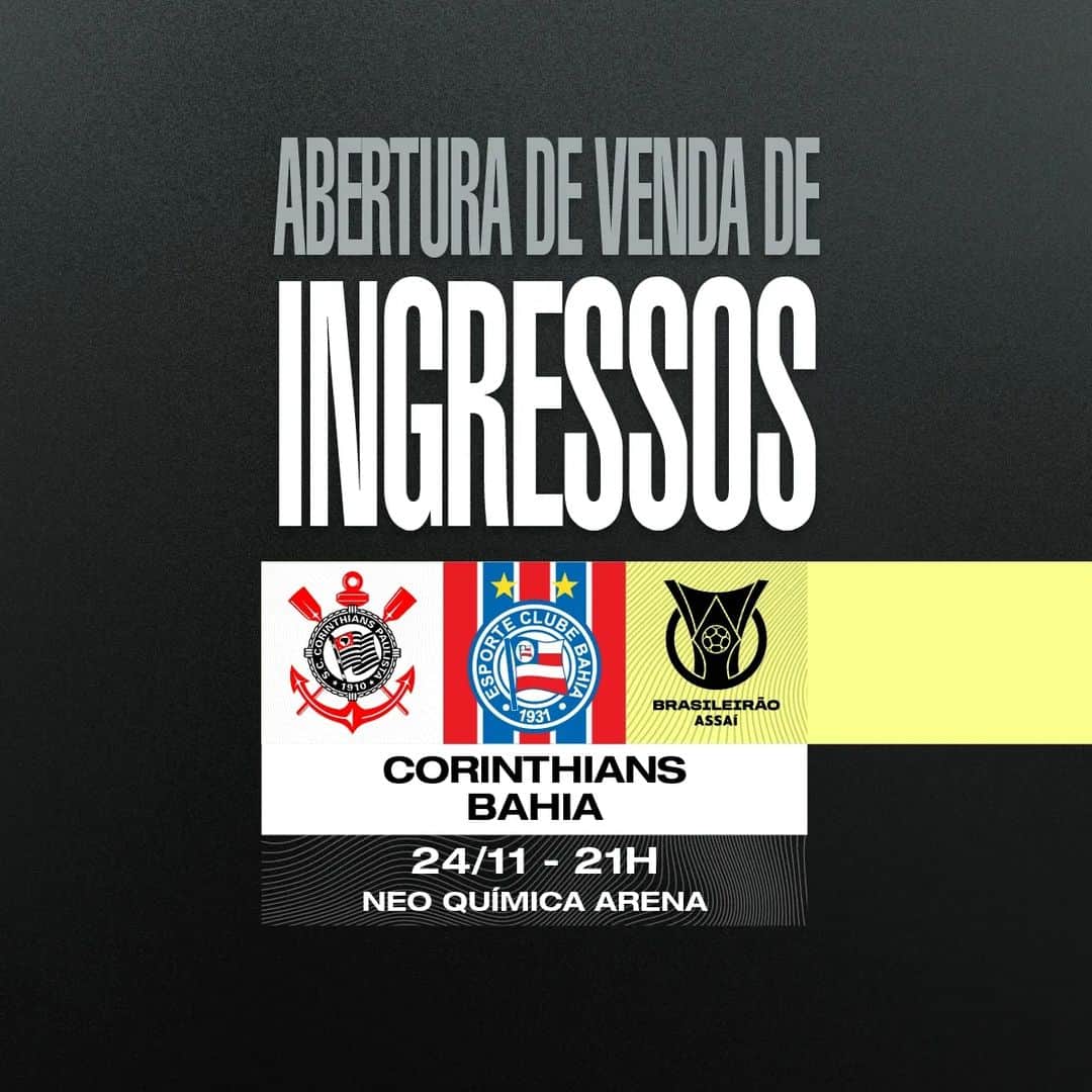 コリンチャンスさんのインスタグラム写真 - (コリンチャンスInstagram)「INGRESSOS PARA O JOGO CONTRA O BAHIA! 🎟️  Hoje, a partir das 11h, estará aberta a venda de ingressos para o jogo entre Corinthians e Bahia, na Neo Química Arena, às 21h, no dia 24/11 (sexta-feira)! ⚫⚪  Saiba mais 👉🏼 link nos stories   #SejaUmFielTorcedor #NeoQuimicaArena #VaiCorinthians」11月17日 20時59分 - corinthians