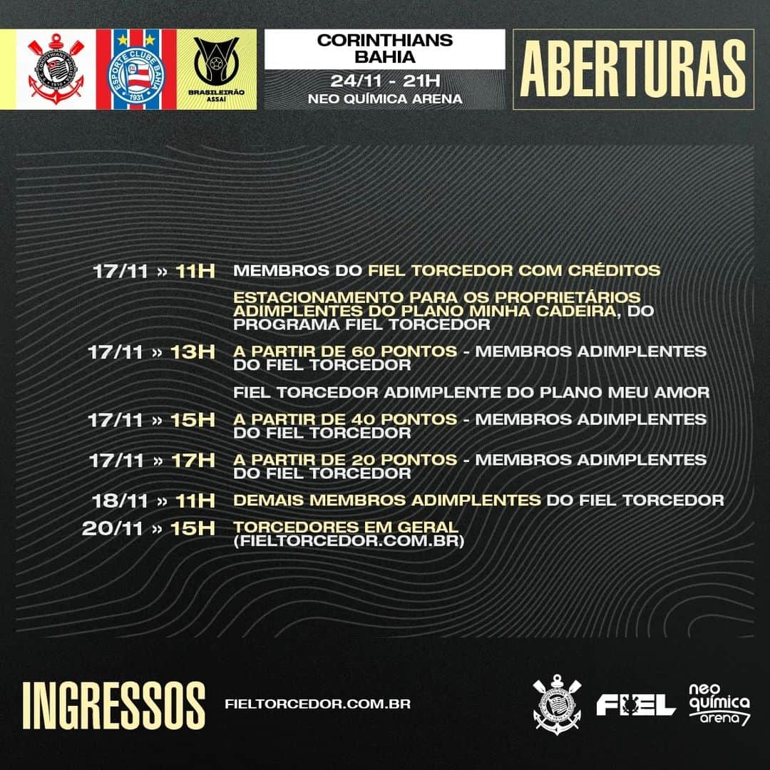 コリンチャンスさんのインスタグラム写真 - (コリンチャンスInstagram)「INGRESSOS PARA O JOGO CONTRA O BAHIA! 🎟️  Hoje, a partir das 11h, estará aberta a venda de ingressos para o jogo entre Corinthians e Bahia, na Neo Química Arena, às 21h, no dia 24/11 (sexta-feira)! ⚫⚪  Saiba mais 👉🏼 link nos stories   #SejaUmFielTorcedor #NeoQuimicaArena #VaiCorinthians」11月17日 20時59分 - corinthians