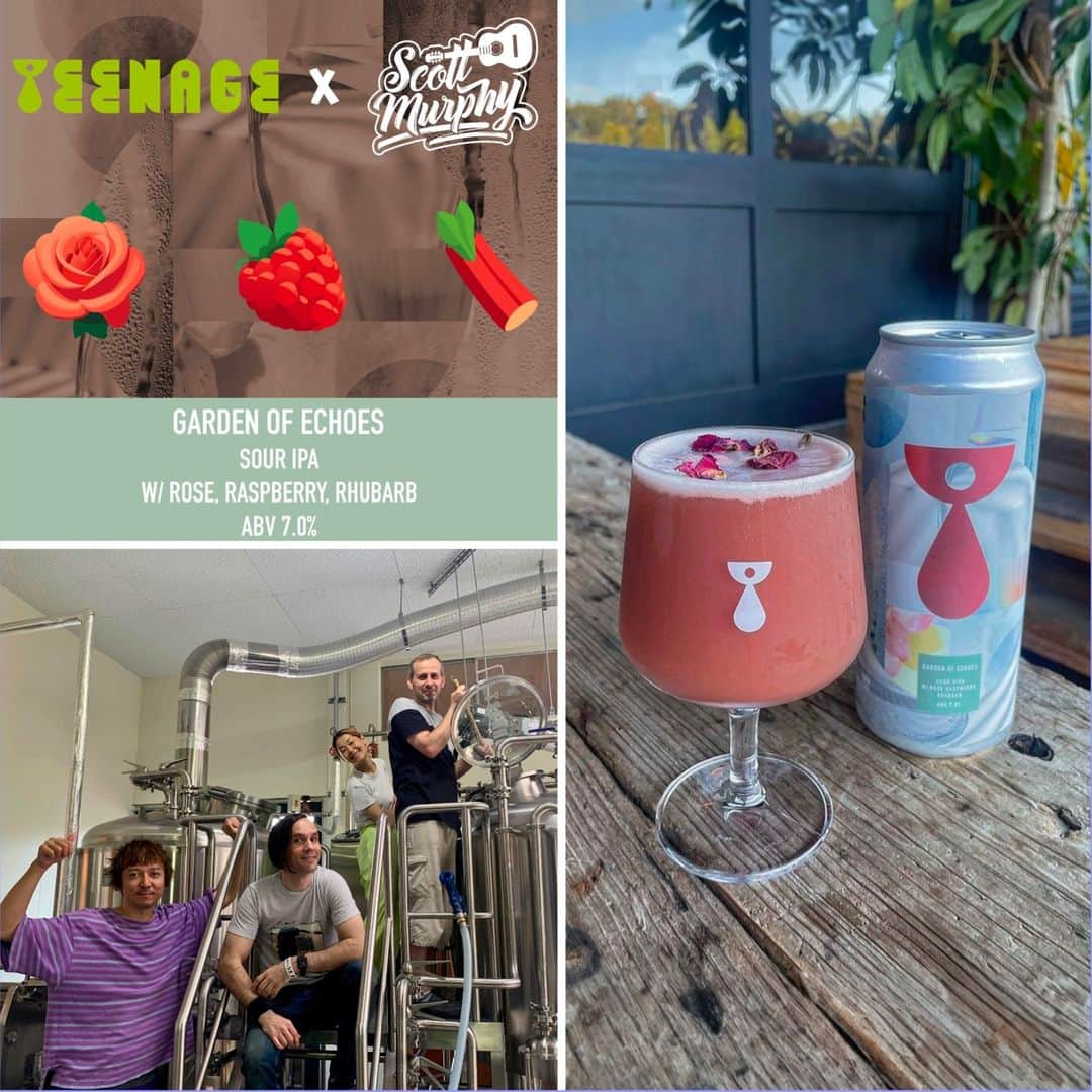 スコット・マーフィーのインスタグラム：「埼玉の @teenage_brewing と僕がコラボビールを作りました🥳 ローズ、ルバーブ、ラズベリーを使ったサワーIPAです。 すごく美味しく出来上がったので、機会あれば是非飲んでみてね🍻 ::::::::::::::::::::::::: ＞商品名 Garden of Echoes // ガーデン オブ エコーズ ＞スタイル Sour DIPA w/ Rose , Raspberry , Rhubarb 　ABV: 7.0% ＞ペアリングミュージック Allister - Stay With Me (Song) Monoeyes - Roxette (Song)  https://teenage.jp/beers/garden-of-echoes/」
