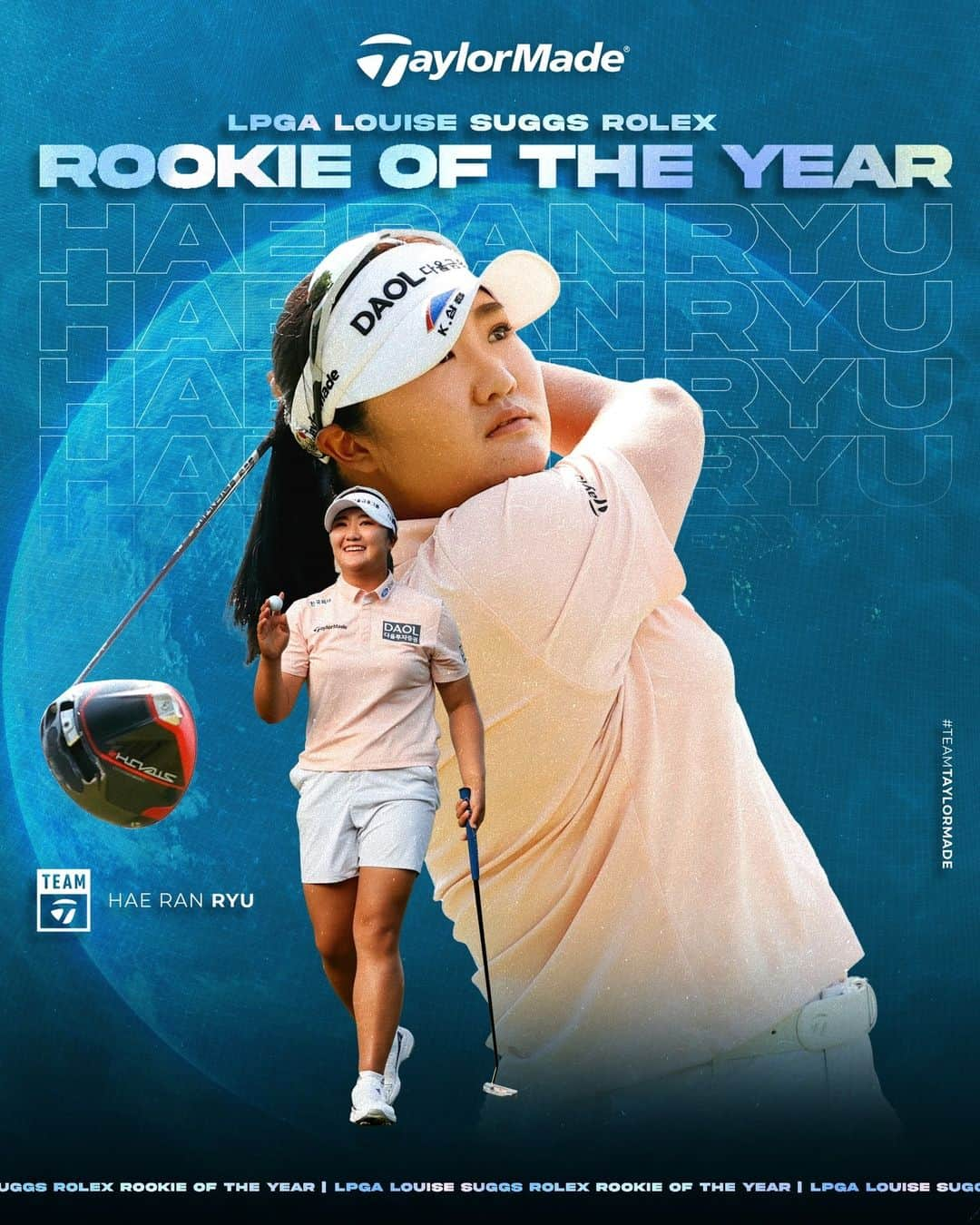 テーラーメイド ゴルフのインスタグラム：「A rookie year to remember. 🙌 @haeran_ryu wins the LPGA Louis Suggs Rookie of the Year! She was dominant all year racking up her first win and six top-10s while hitting 75% GIR and carding a 70.42 scoring average. #BeyondDriven #TeamTaylorMade」