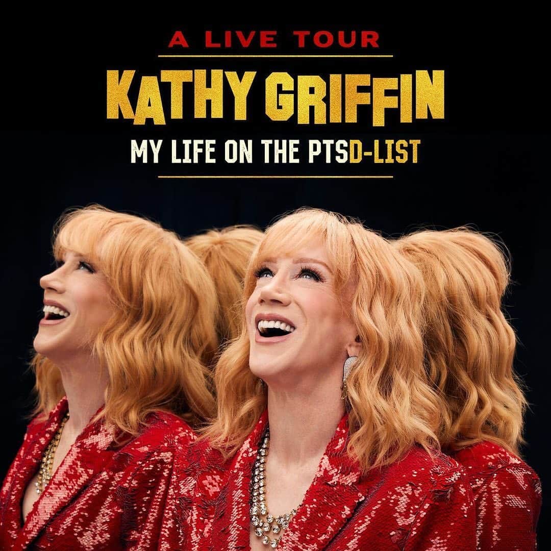 シーアのインスタグラム：「One of my dearest friends @kathygriffin is going on tour and she’s a funny, kind hardworking earnest comic about her struggles her life on the PTSD list! Go check her out and support a good egg! Tickets at the link in her bio.  [image descriptions: Kathy Griffin’s admat for her PTSD-LIST tour with Kathy laughing, the dates for Kathy Griffin’s tour]」